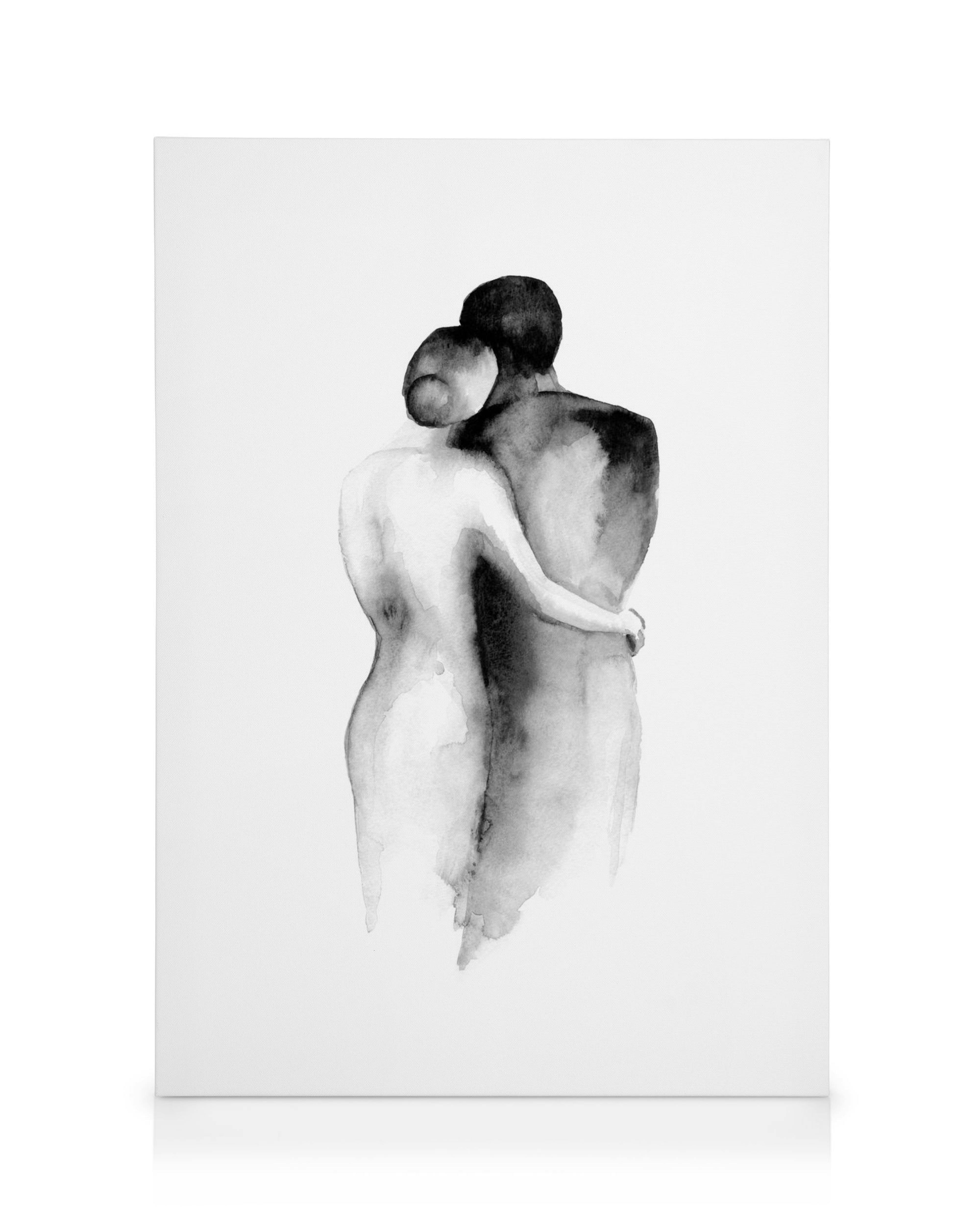 Minimalist watercolor canvas print with two embracing figures in black and grey against a white background, perfect wall art.