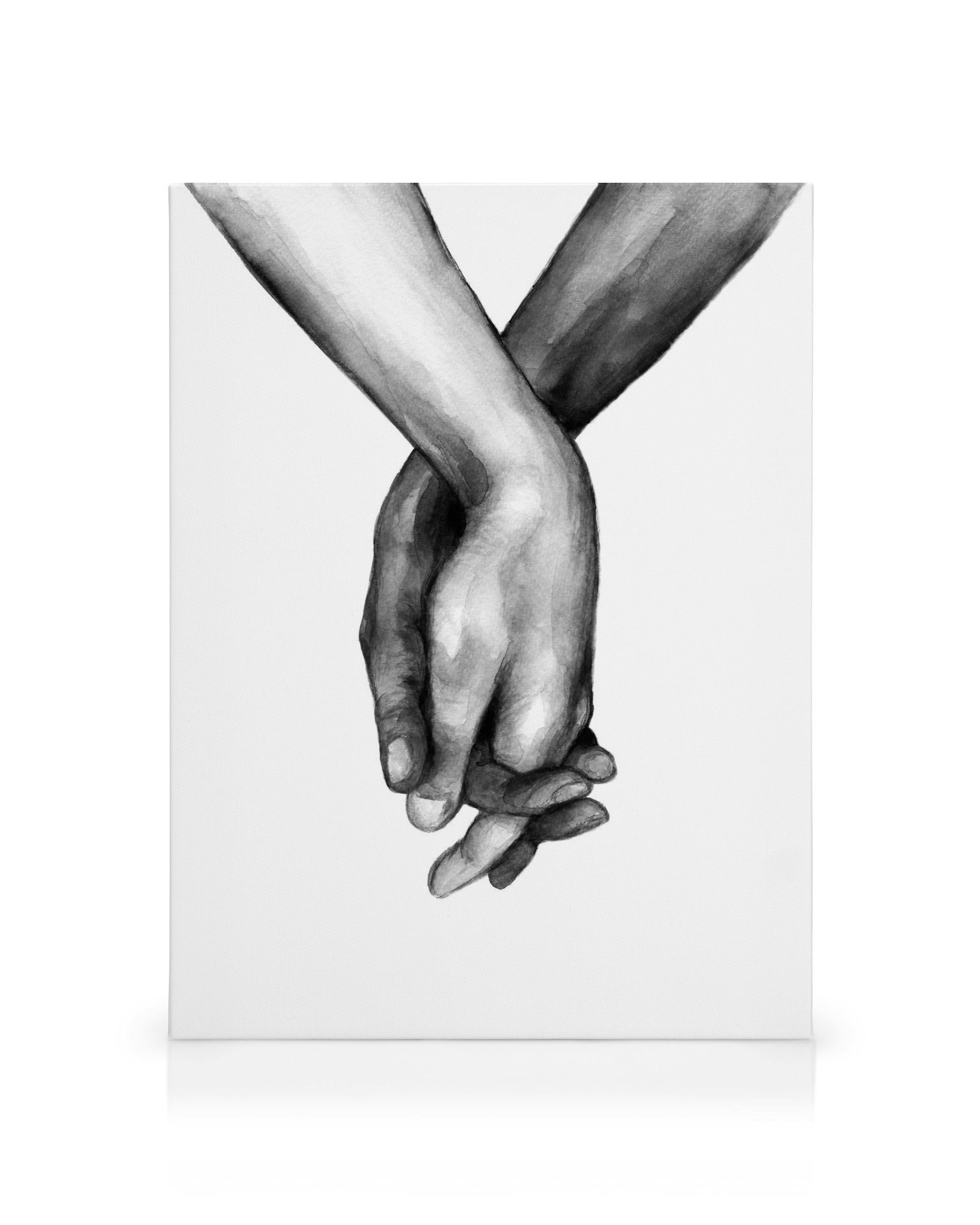 Akvarel lærred med sort-hvide hænder, der holder hinanden. Menneskerettigheder, venskab, par.