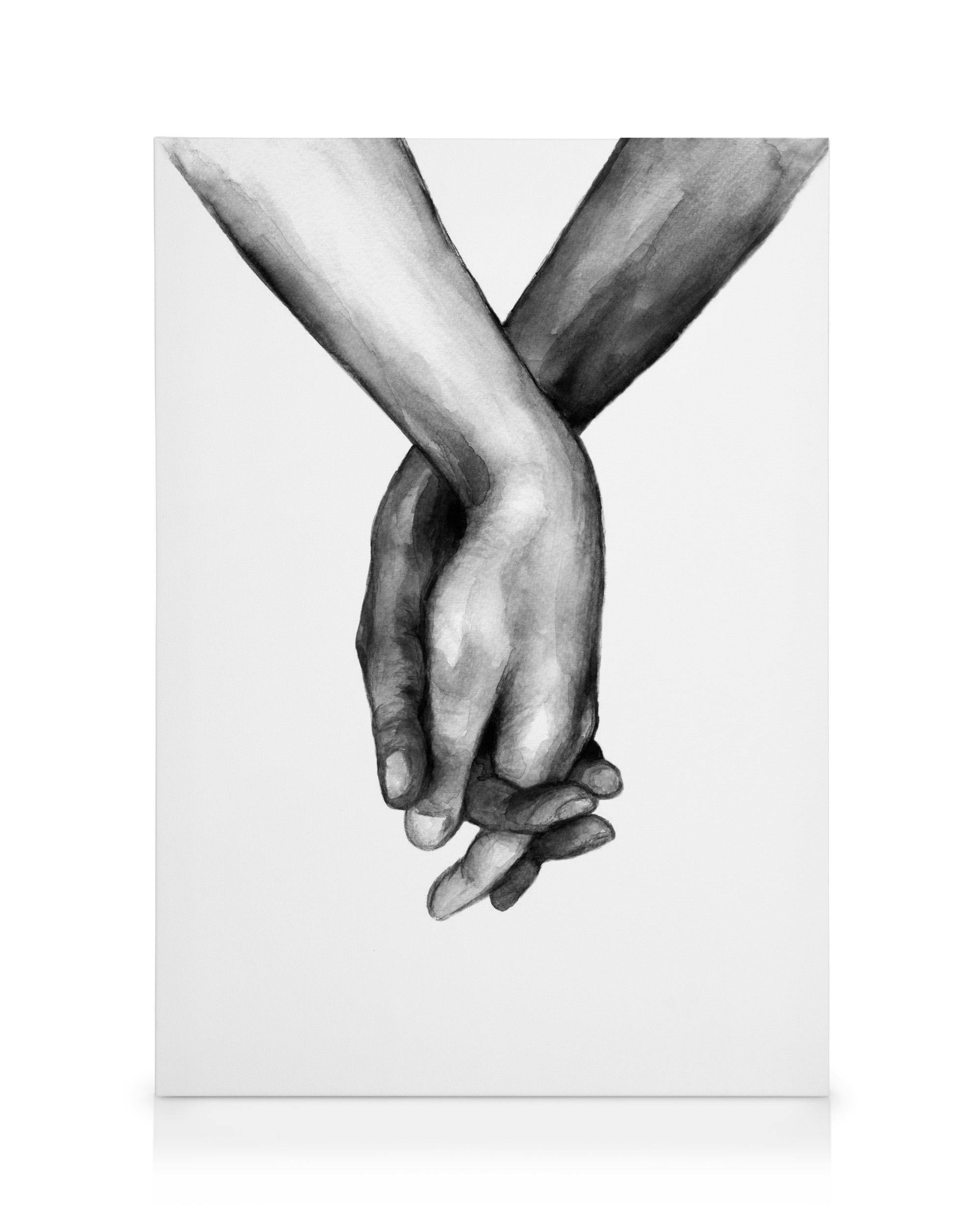 Affiche de deux mains entrelacées, une main foncée et une main pâle, créant un contraste saisissant sur la toile en noir et blan