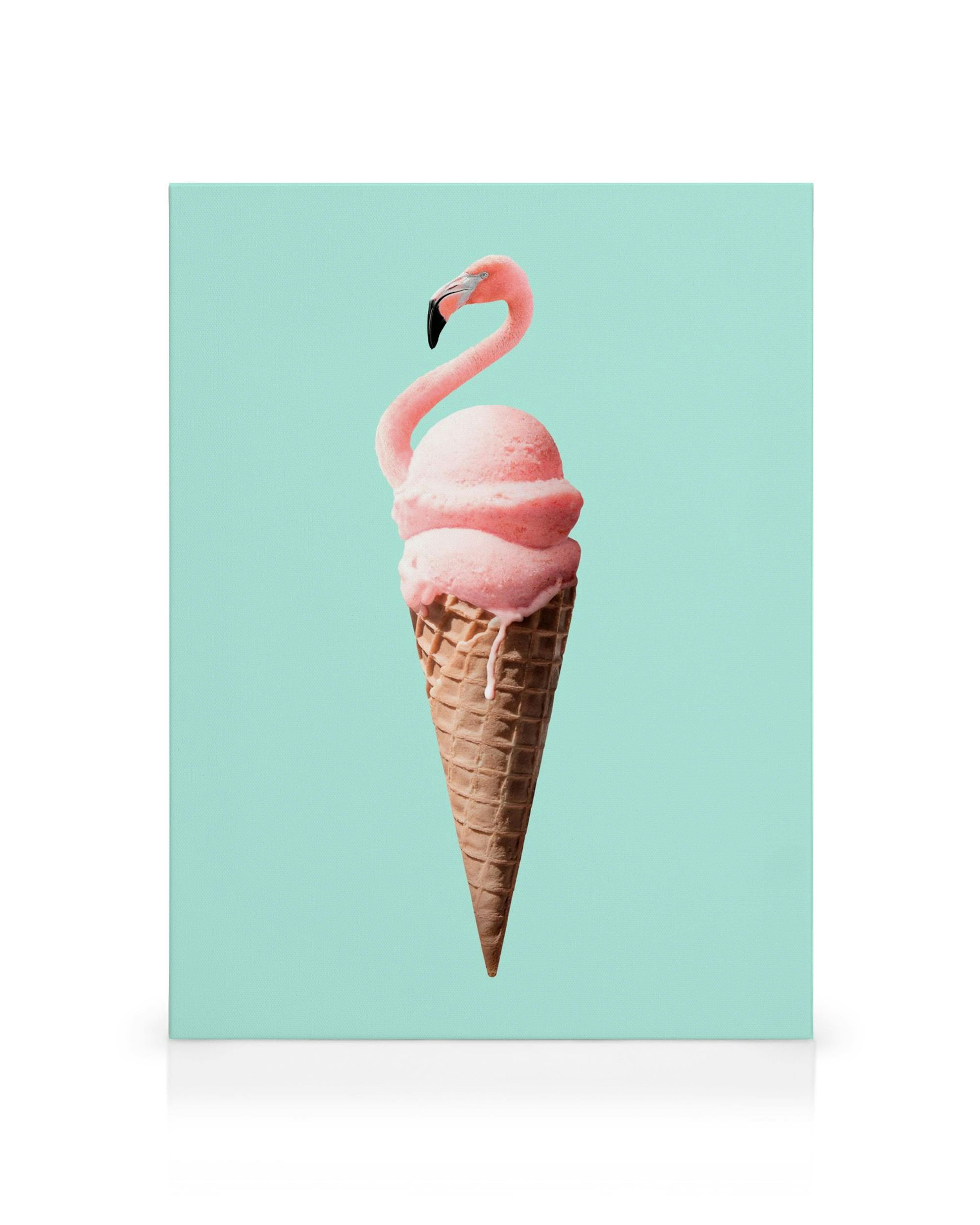Jonas Loose Flamingo Cone canvas print featuring a pink flamingo head on ice cream in a waffle cone against a mint background.