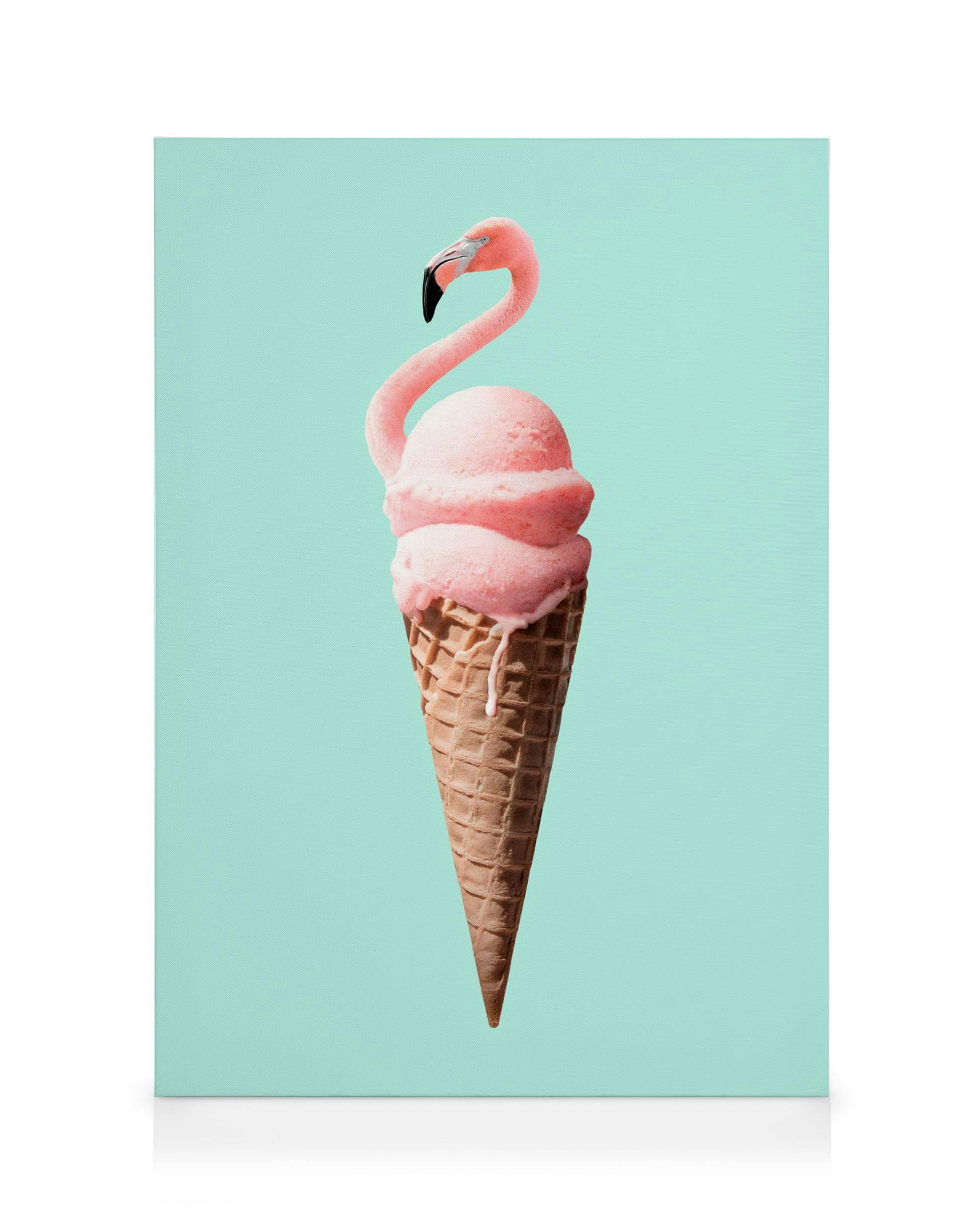 Leinwandbild: Flamingoeiscreme in Waffel, rosa Kugeln mit Flamingohals und Kopf auf hellblauem Hintergrund, Pop-Art