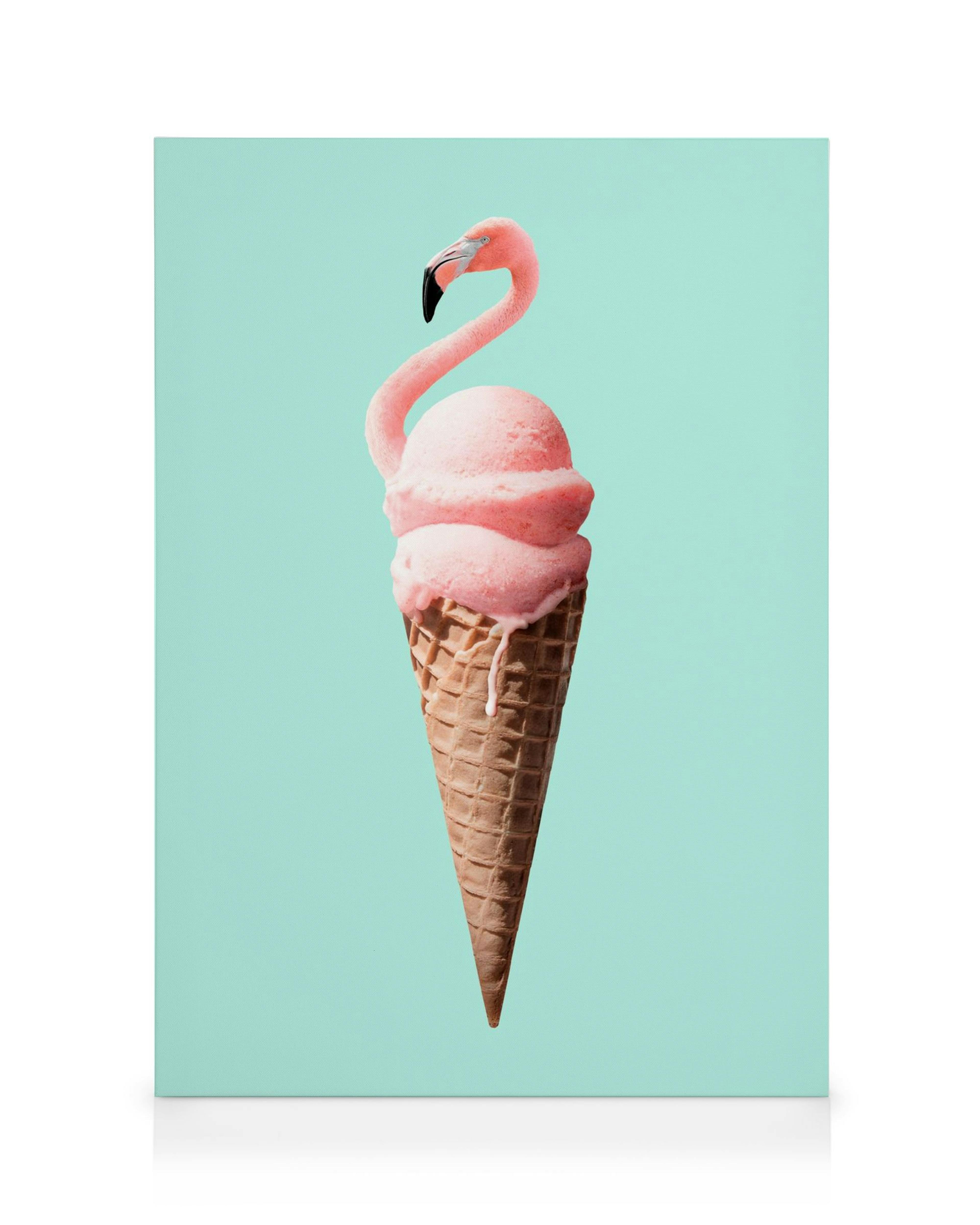 Leinwandbild: Flamingoeiscreme in Waffel, rosa Kugeln mit Flamingohals und Kopf auf hellblauem Hintergrund, Pop-Art