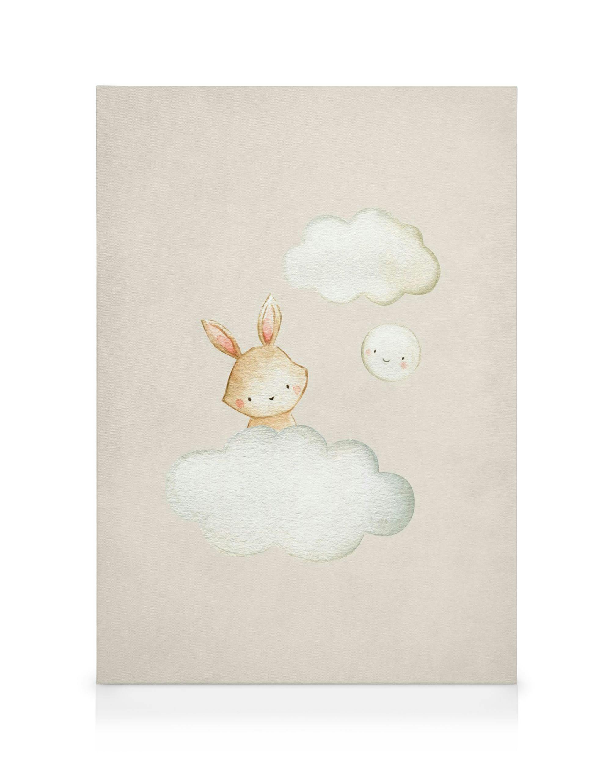 Aquarell-Leinwandbild, niedliches Häschen in Wolke mit lächelndem Mond, hellbraun, weiß, hellgrau.