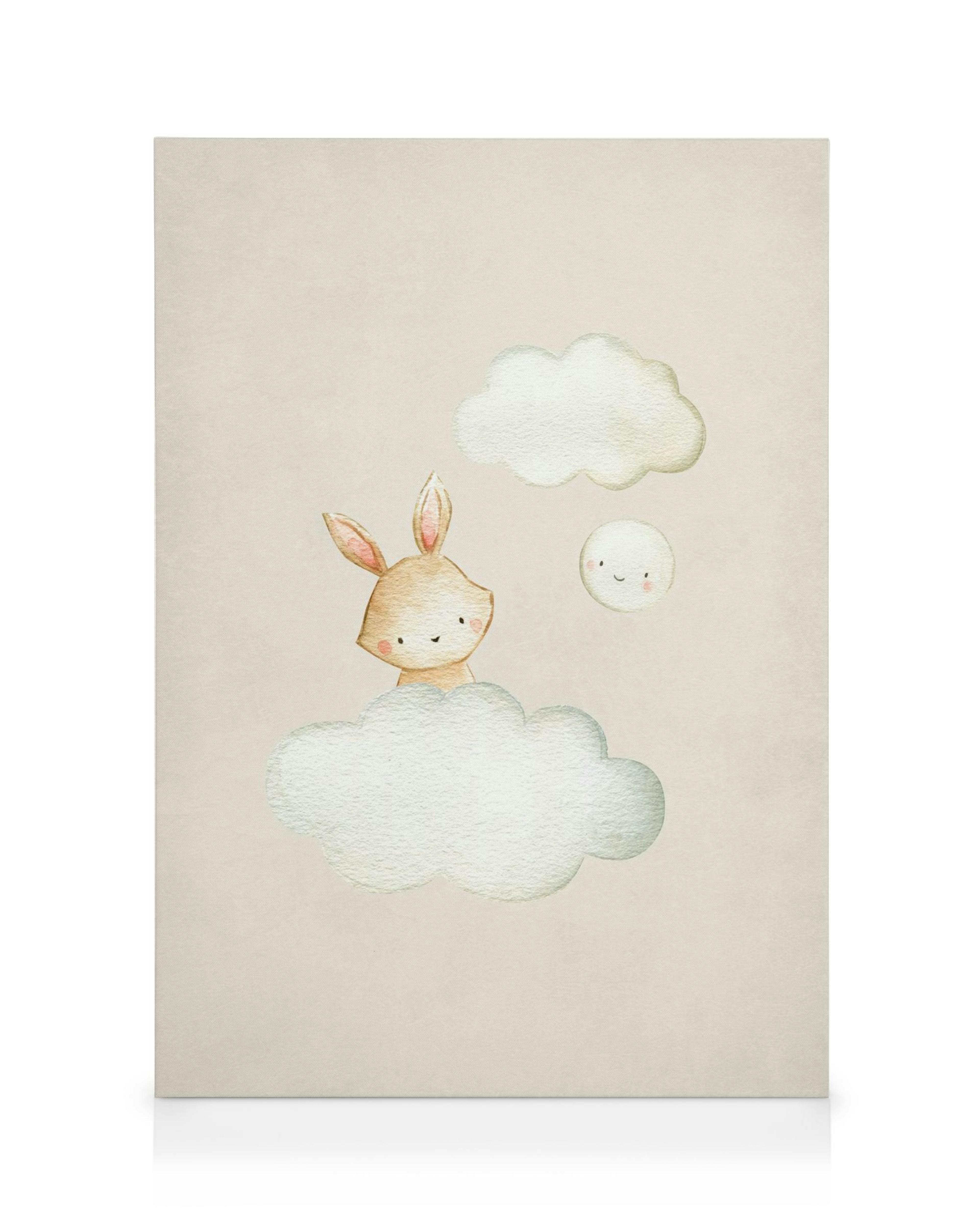 Aquarell-Leinwandbild, niedliches Häschen in Wolke mit lächelndem Mond, hellbraun, weiß, hellgrau.