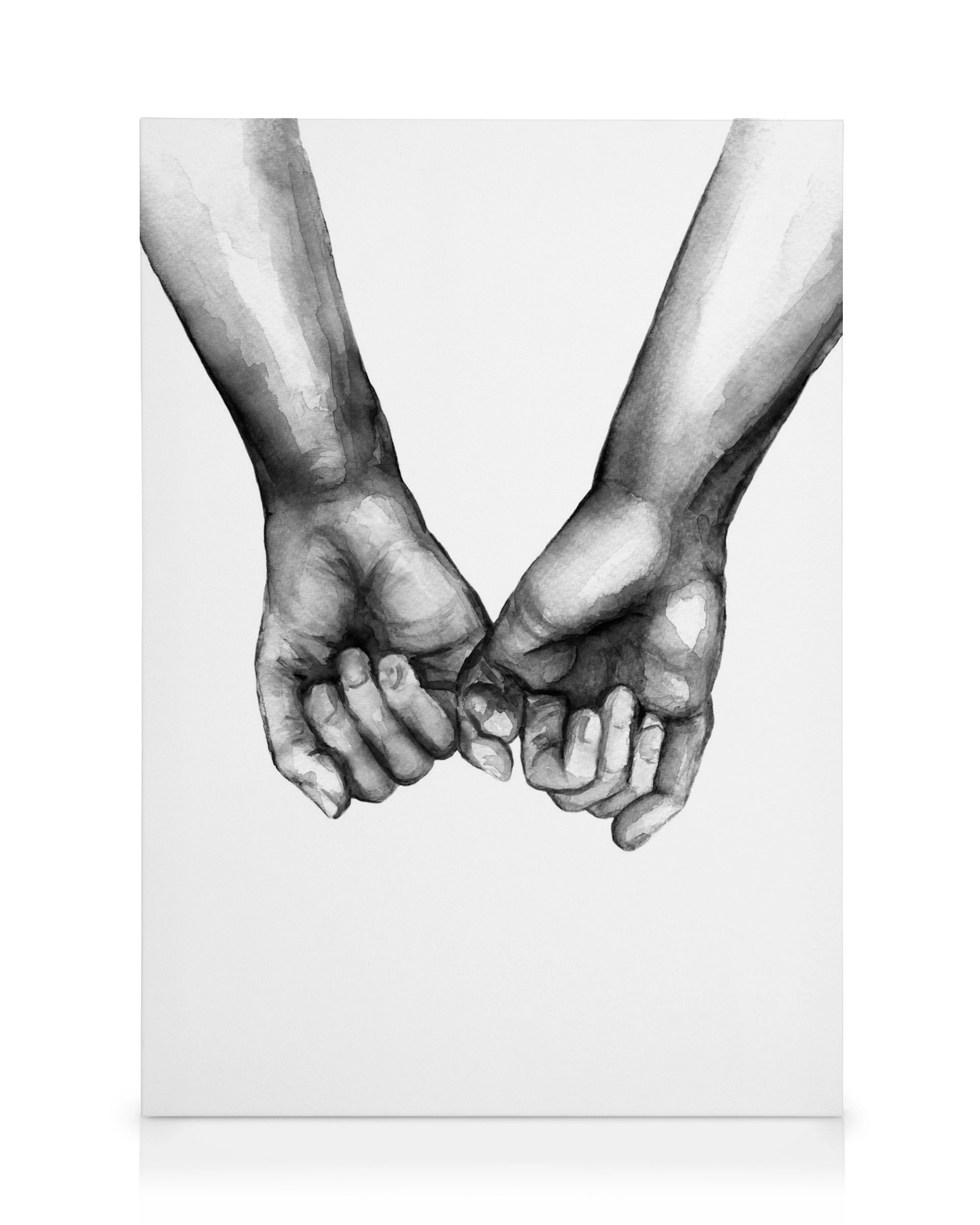 Schwarz-weiß Aquarellmalerei von zwei Händen, die sich am kleinen Finger halten, symbolisiert Freundschaft und Versprechen.