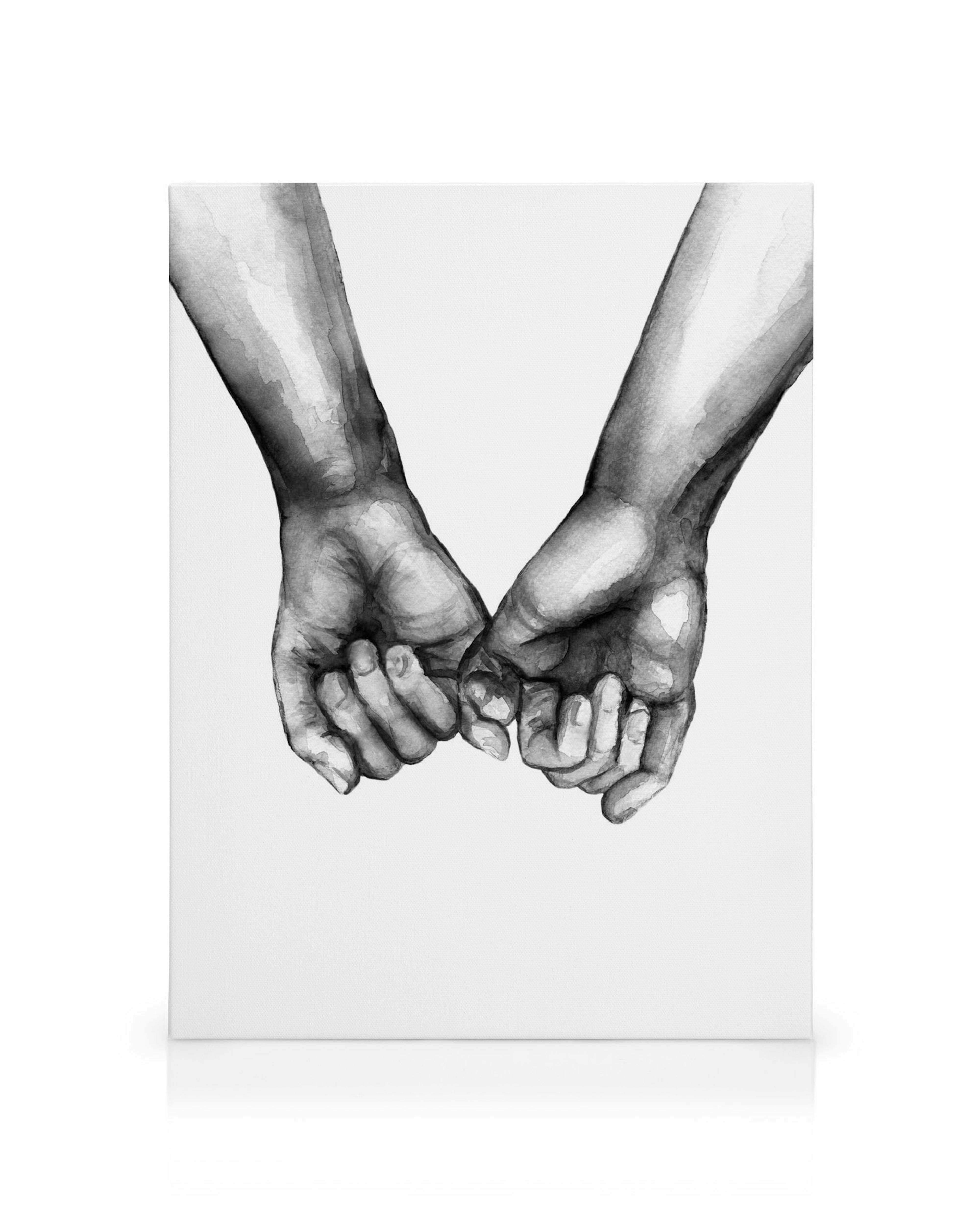 Pintura de acuarela realista en blanco y negro de dos manos unidas por los dedos meñiques, con arrugas y uñas detalladas.