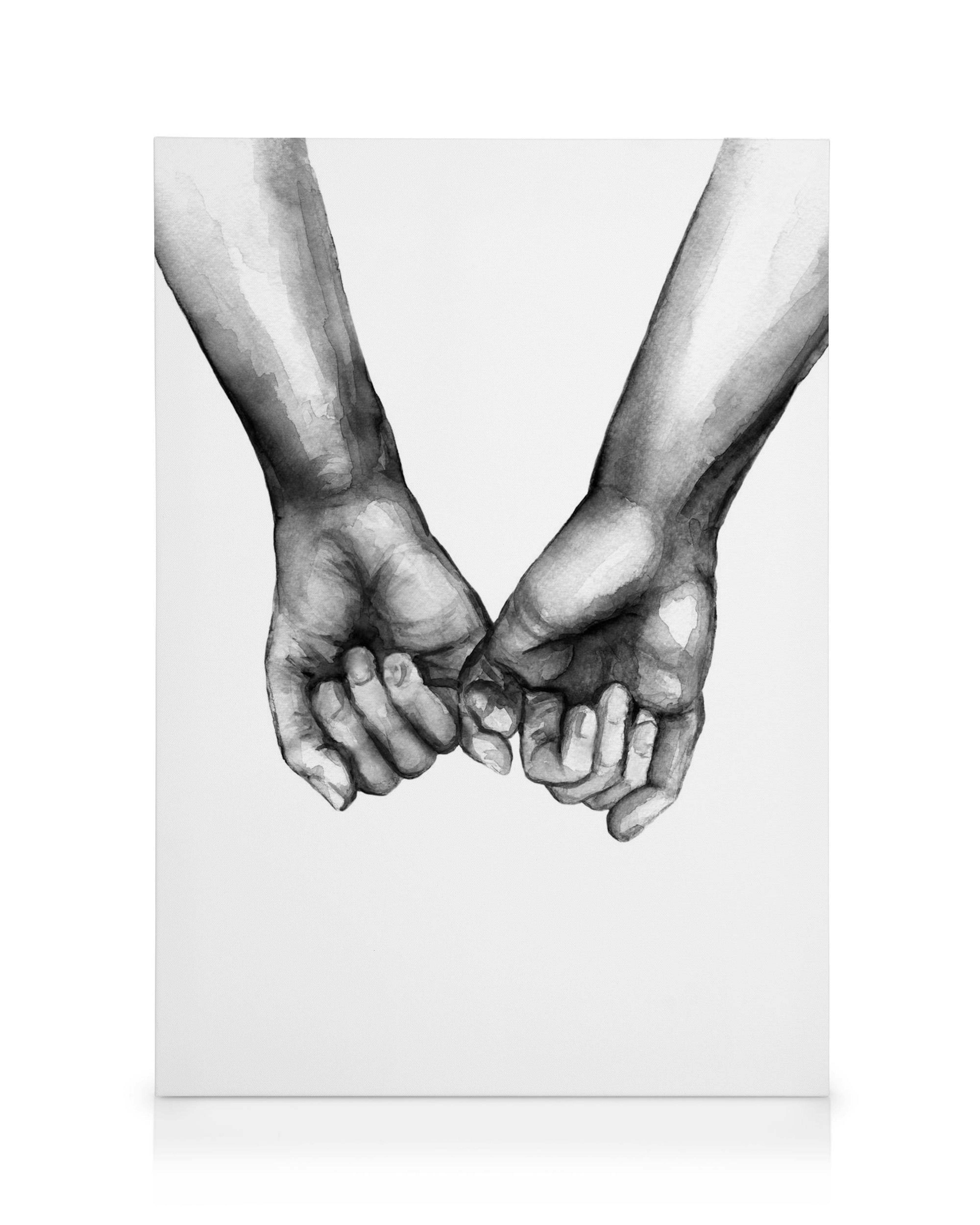 Black and white watercolor hands on a canvas print, forming a pinky promise. Ideal for home decor.