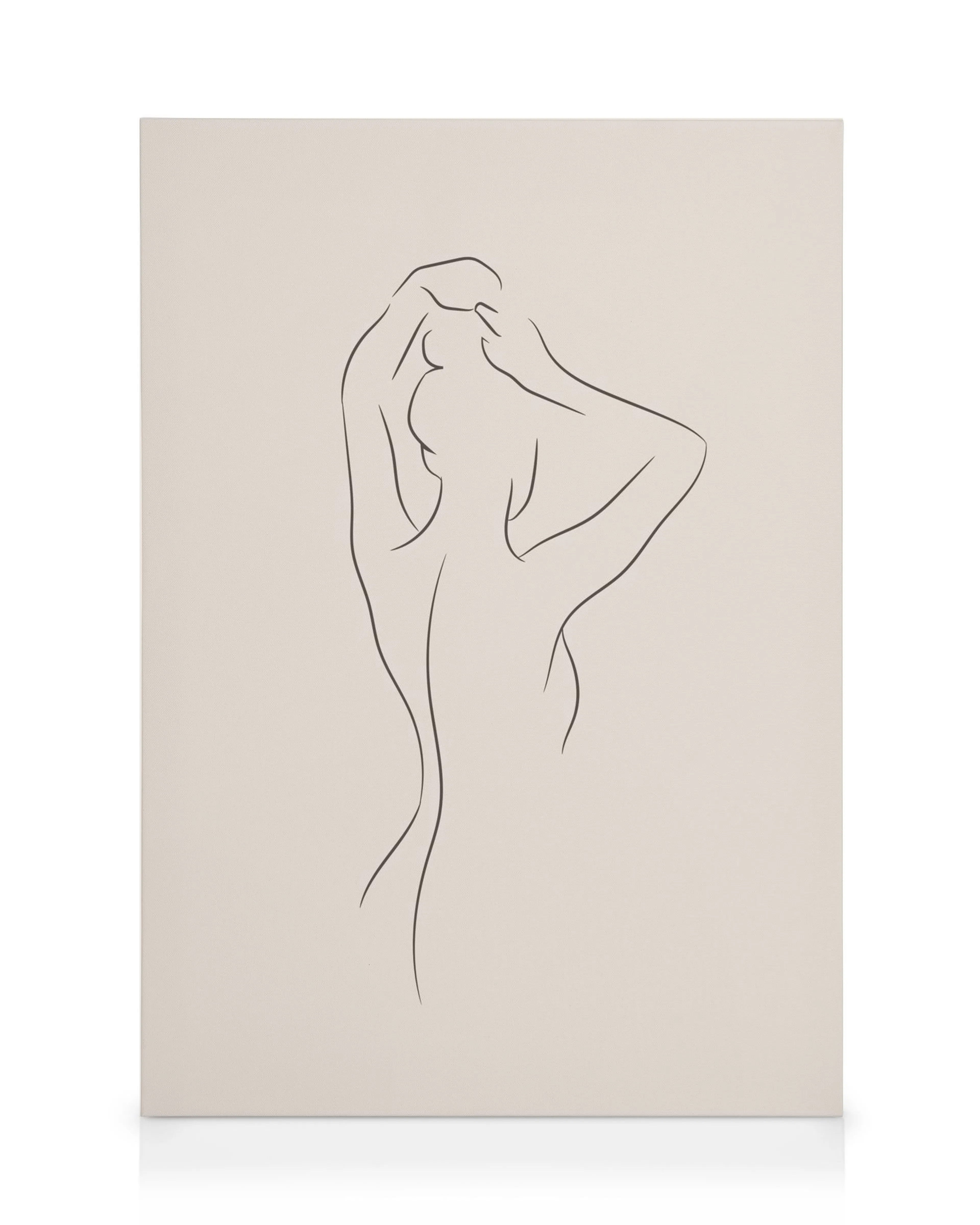 Minimalistisk linjeteckning av en figur med uppsträckta armar, svarta linjer mot beige bakgrund på canvastavla.