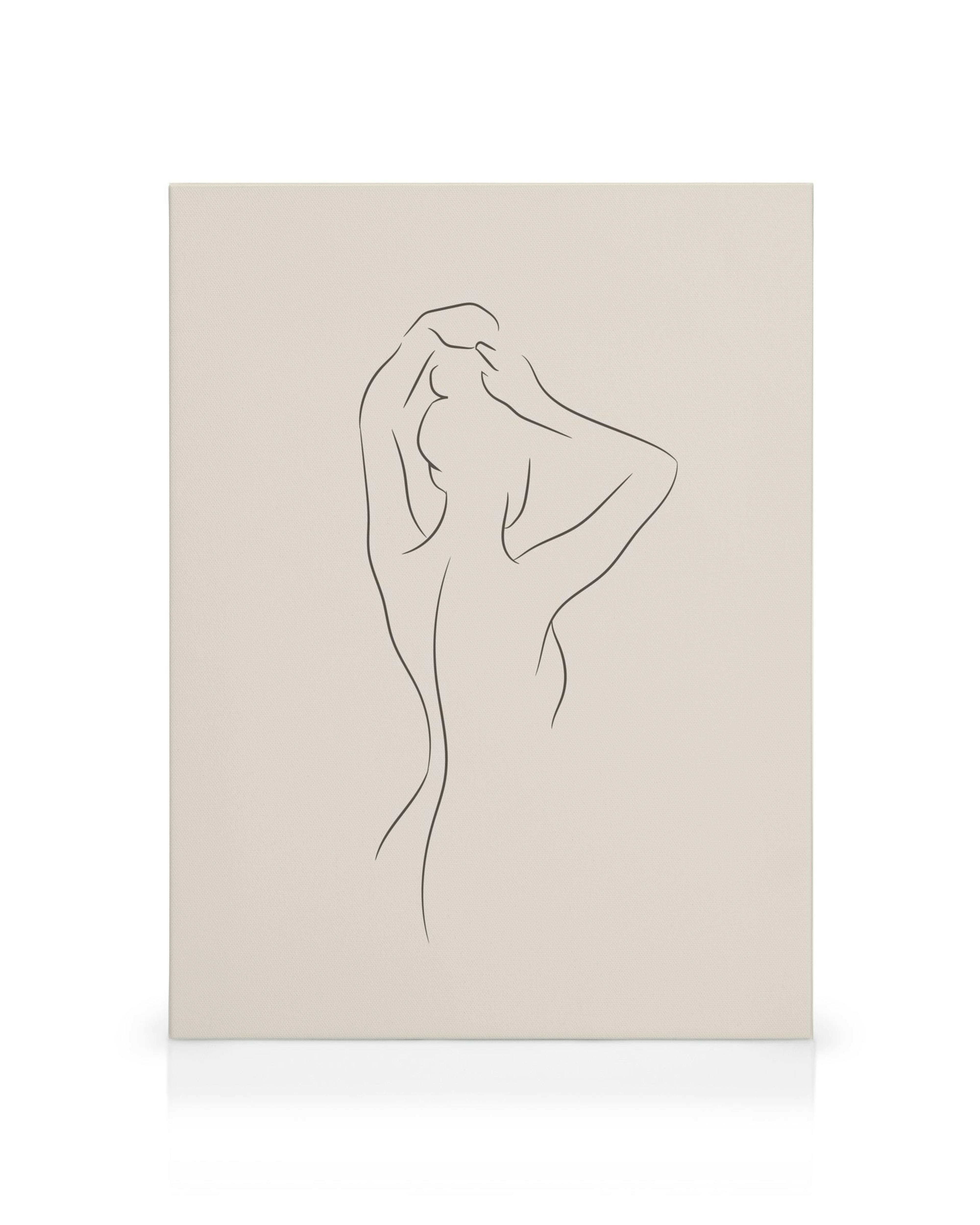 Stampa su tela con disegno lineare semplice di una figura danzante su sfondo beige.