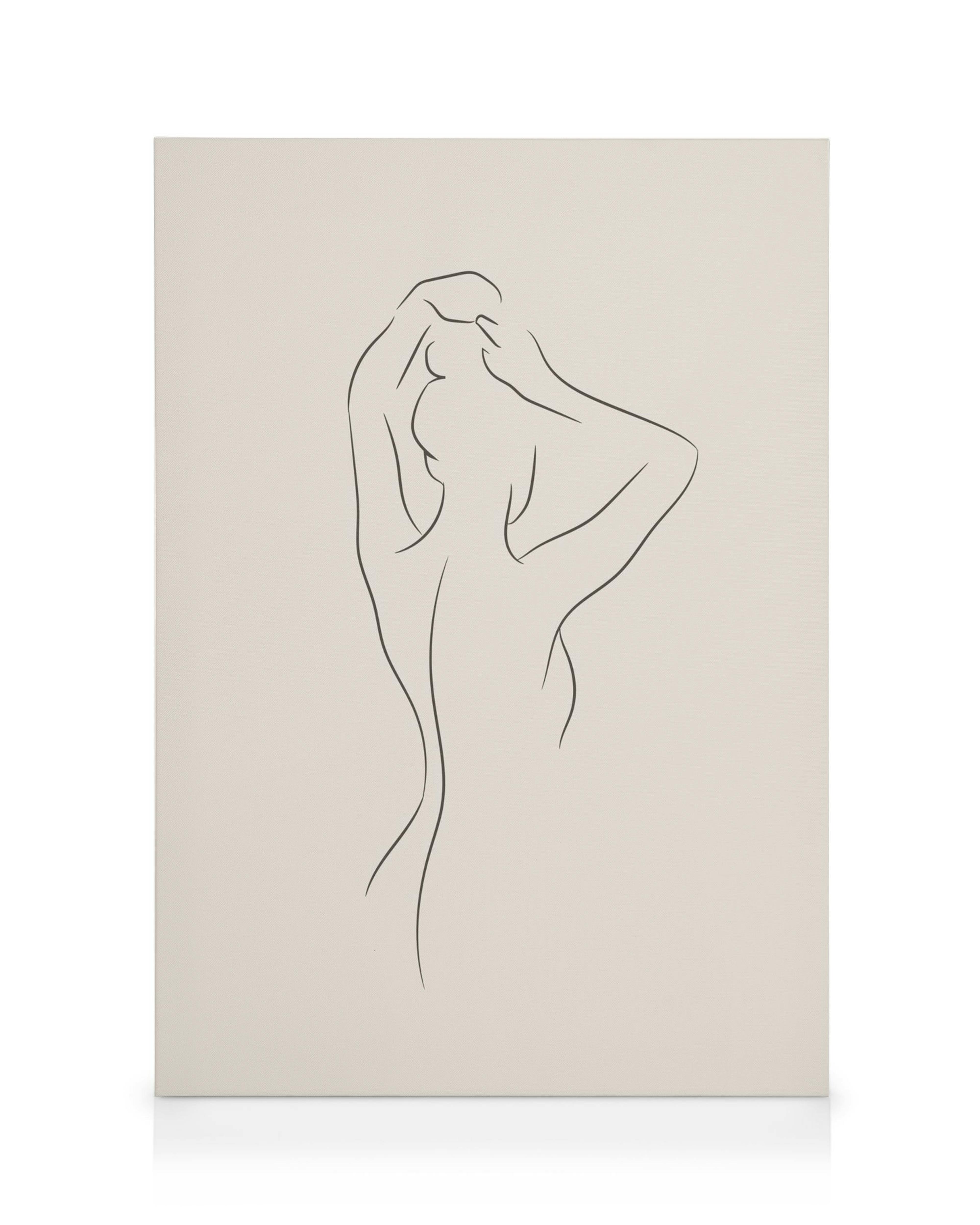 Leinwandbild mit minimalistischer schwarzer Linienzeichnung eines weiblichen Rückens auf beigem Hintergrund, Hände im Haar.