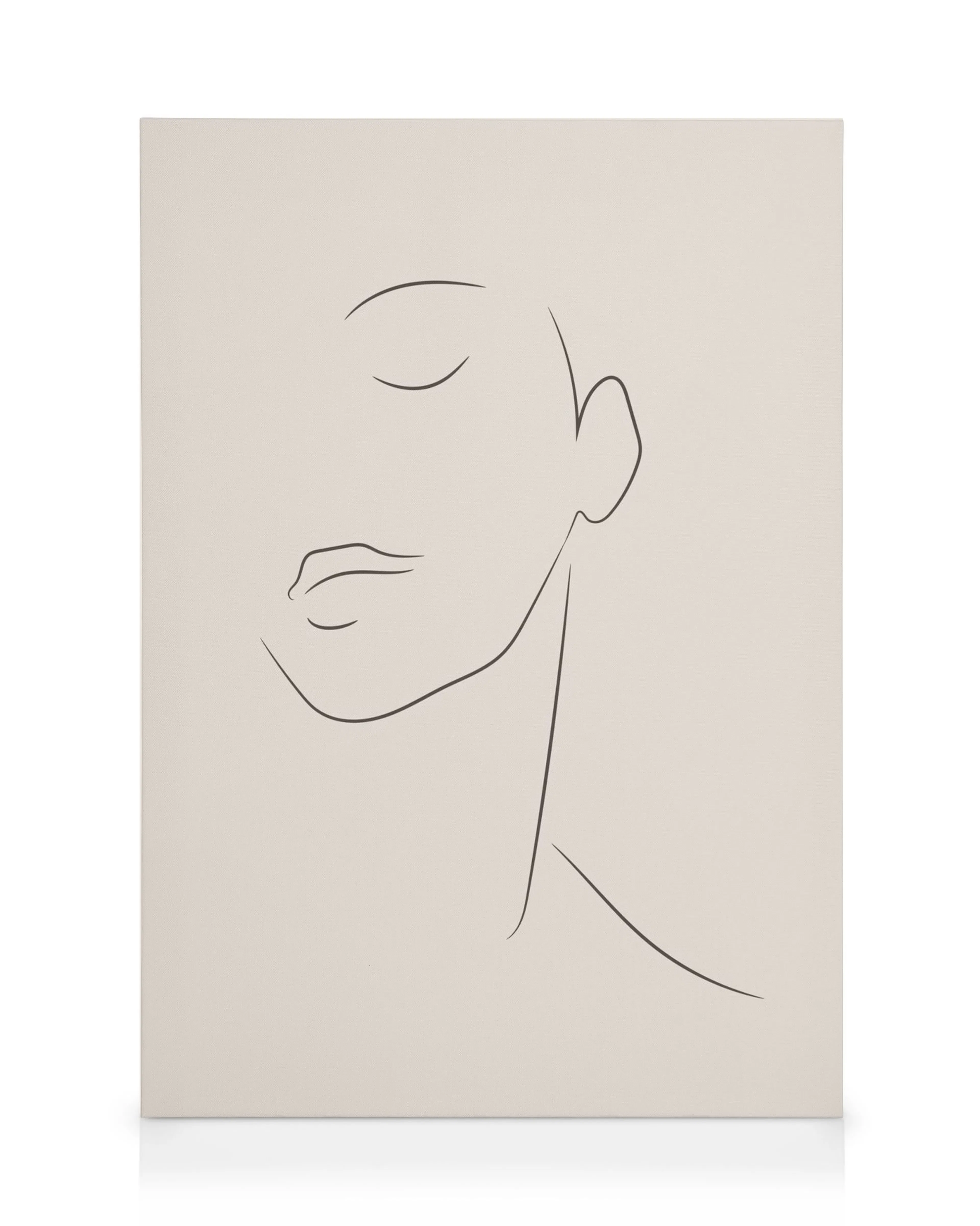 Minimalist line art canvas print featuring a face in profile with closed eyes and defined lips and ear, on a light beige backgro