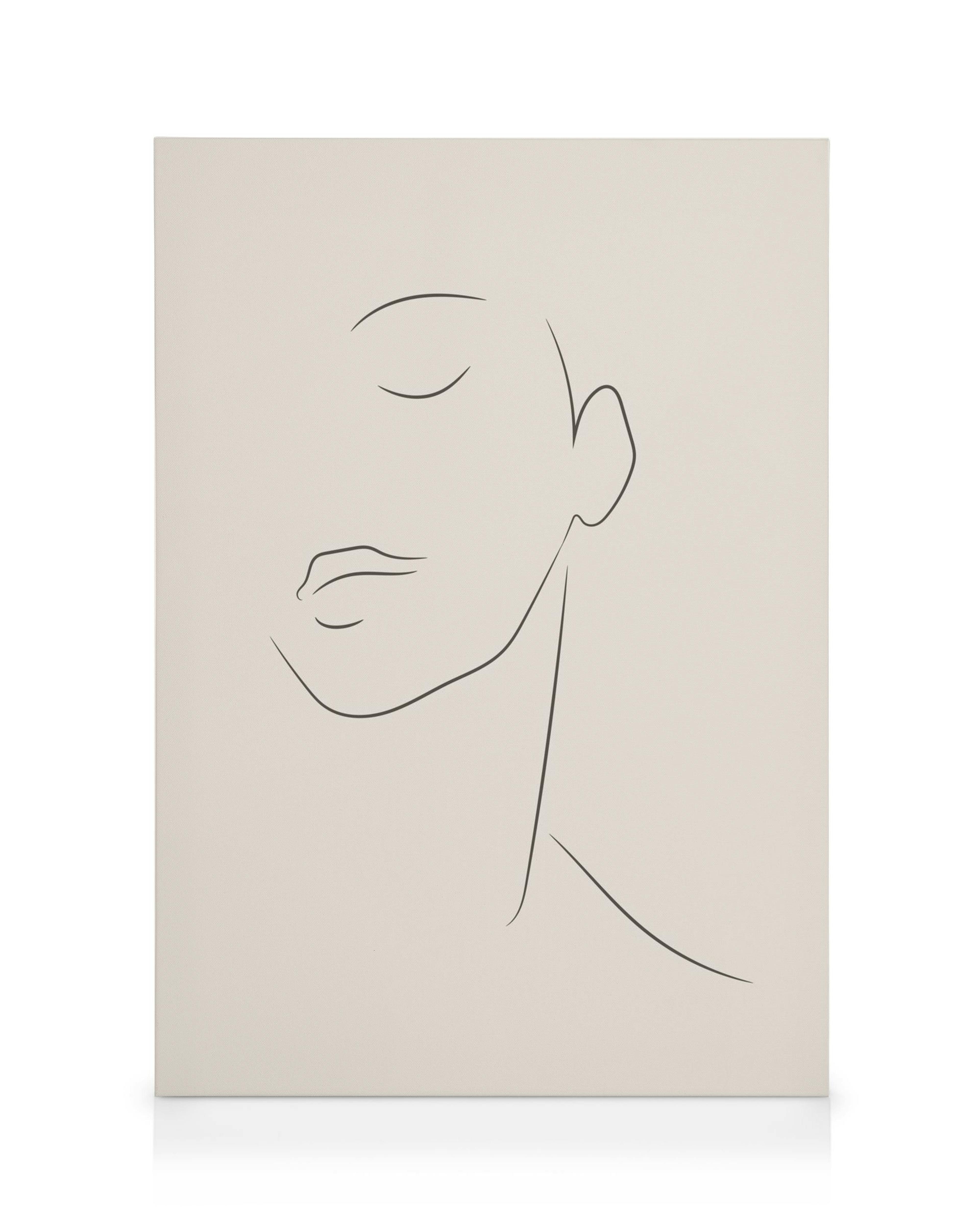 Minimalistic canvas art of a persons profile in black line drawing on a beige background. Simple elegant wall decor.