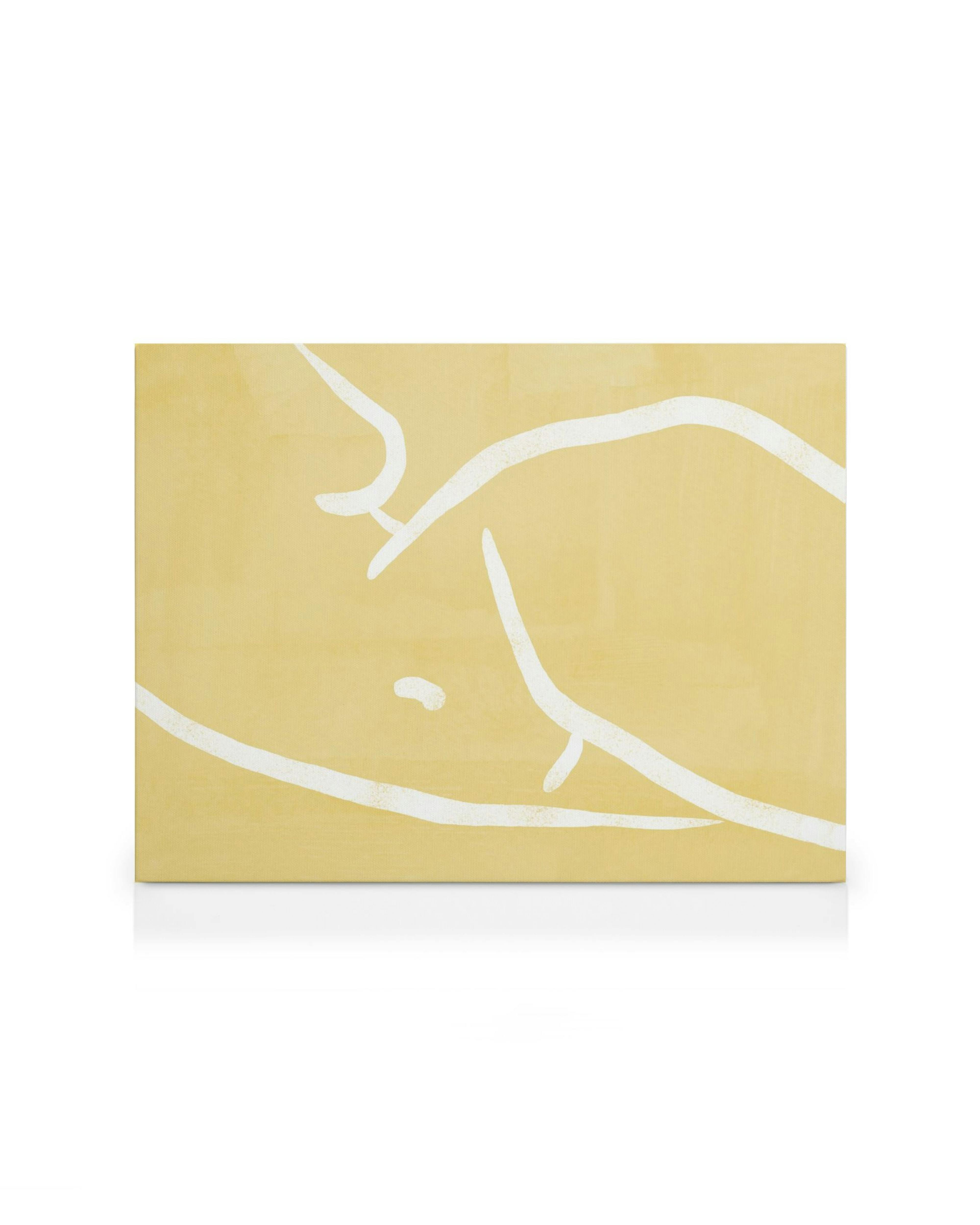 Žlutý obraz na plátně s bílými obrysy ženského těla, minimalistický design.