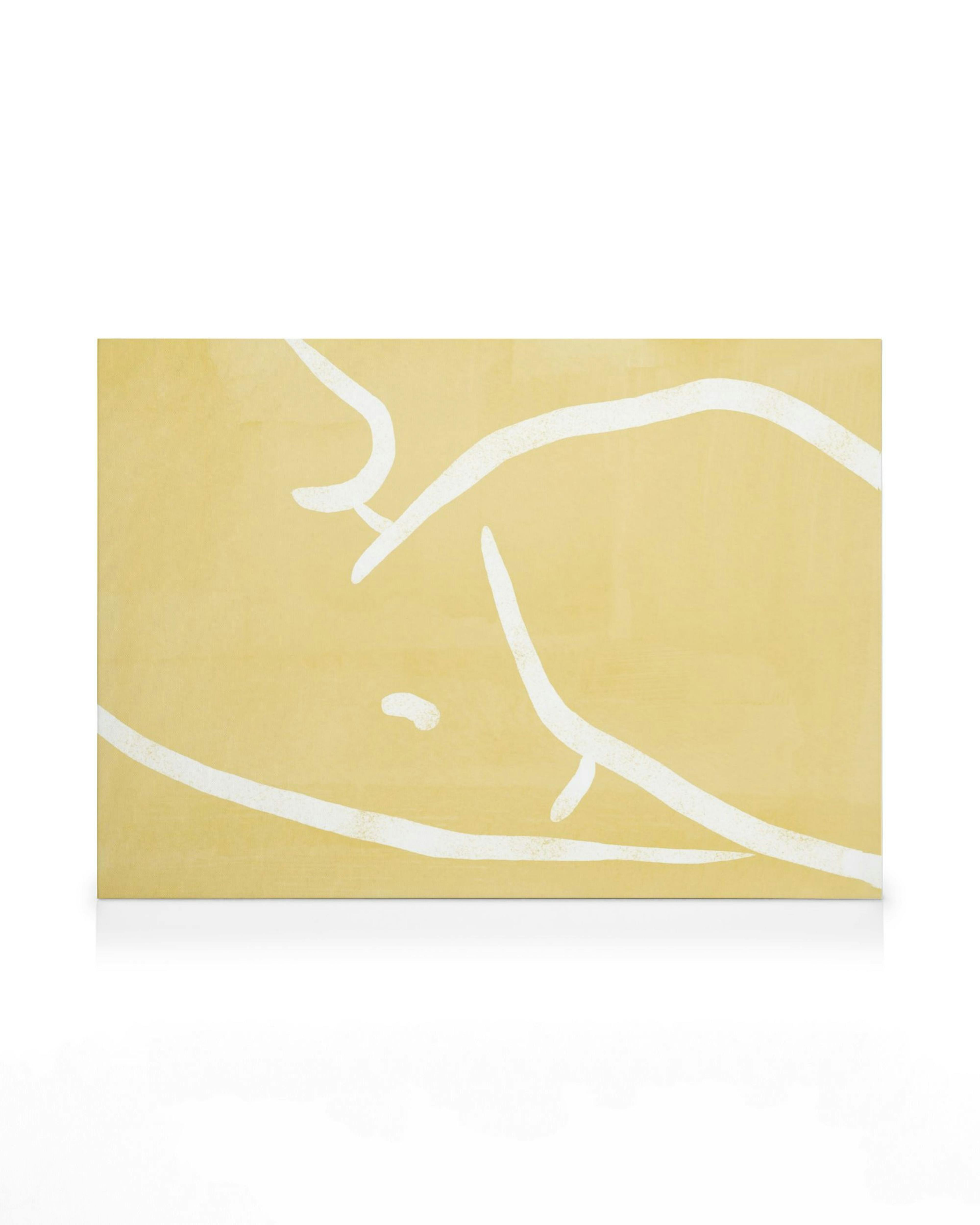 Gelbes Leinwandbild mit abstrakten weißen Linien, die eine menschliche Körperhaltung minimalistisch darstellen.