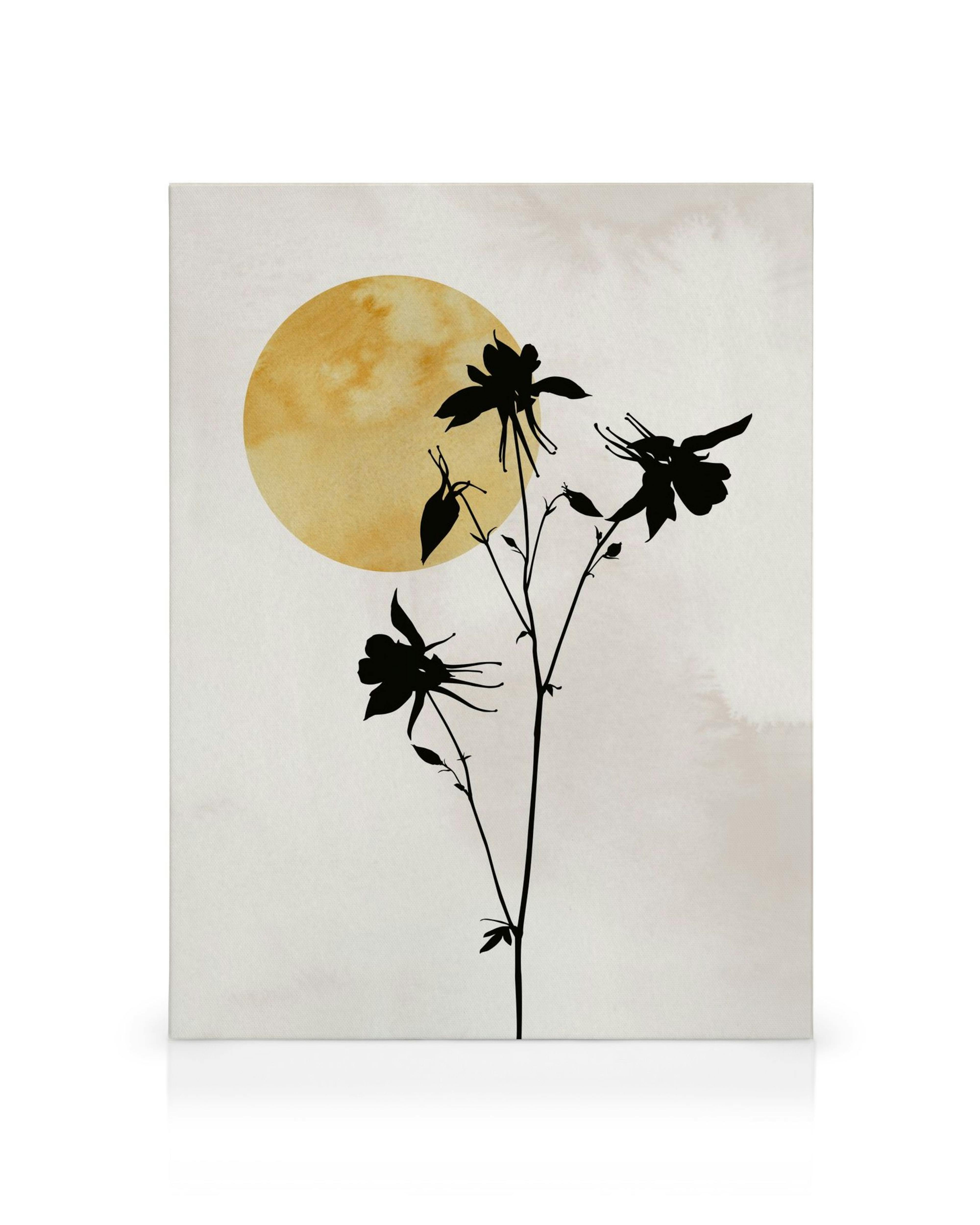 Schwarze Akelei-Blumensilhouetten vor einem gelben Kreis auf beigem Hintergrund.