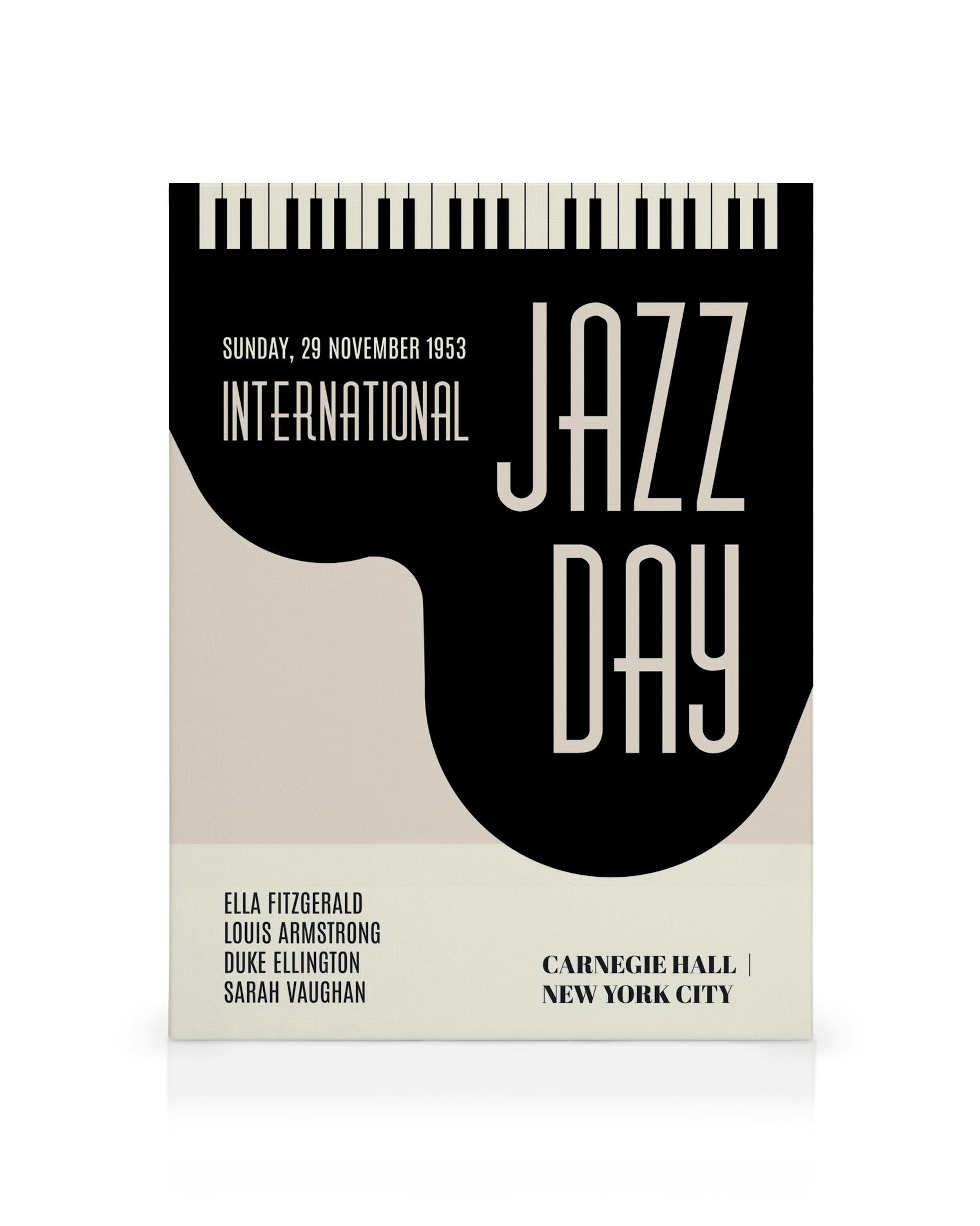 Tela de poster de concerto de jazz retrô de 1953, com texto preto, teclado de piano e fundo bege. Arte de parede de música.