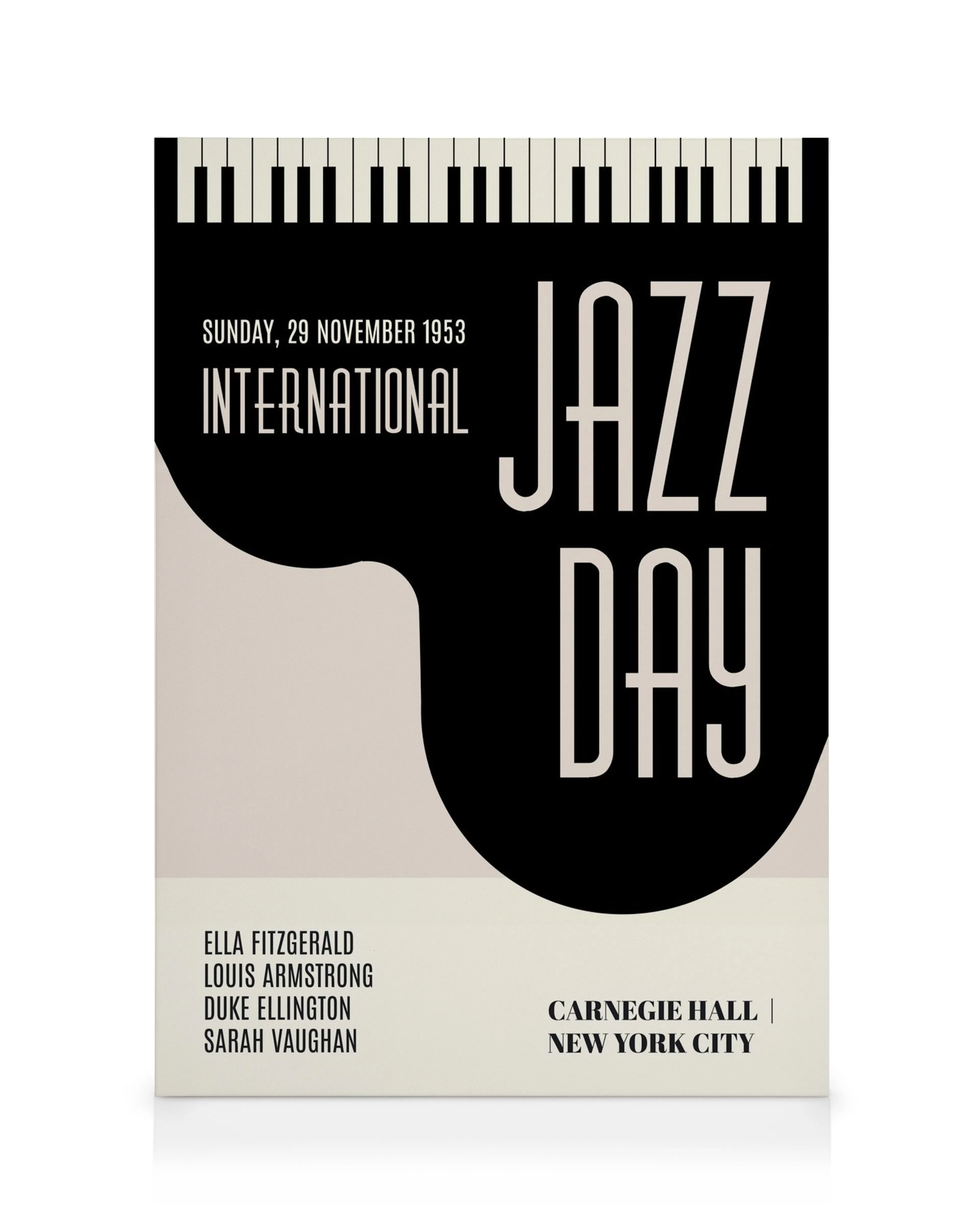 Toile de concert de jazz rétro Jazzy Days No2, typographie noire et blanche, design de clavier de piano sur fond beige