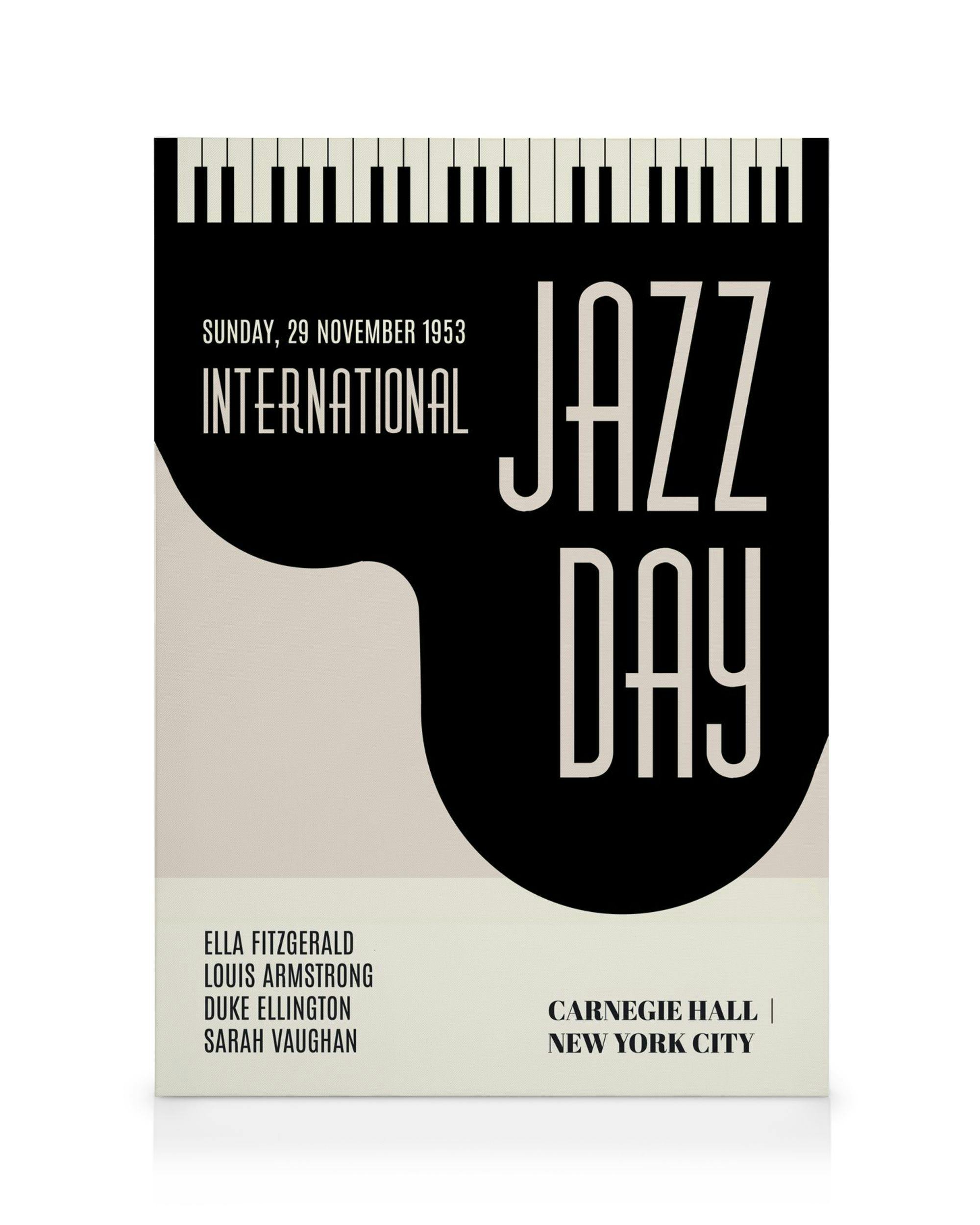 Mustavalkoinen juliste, jossa on International Jazz Day -teksti ja pianon koskettimet, minimalistinen jazz-kanvaasi.