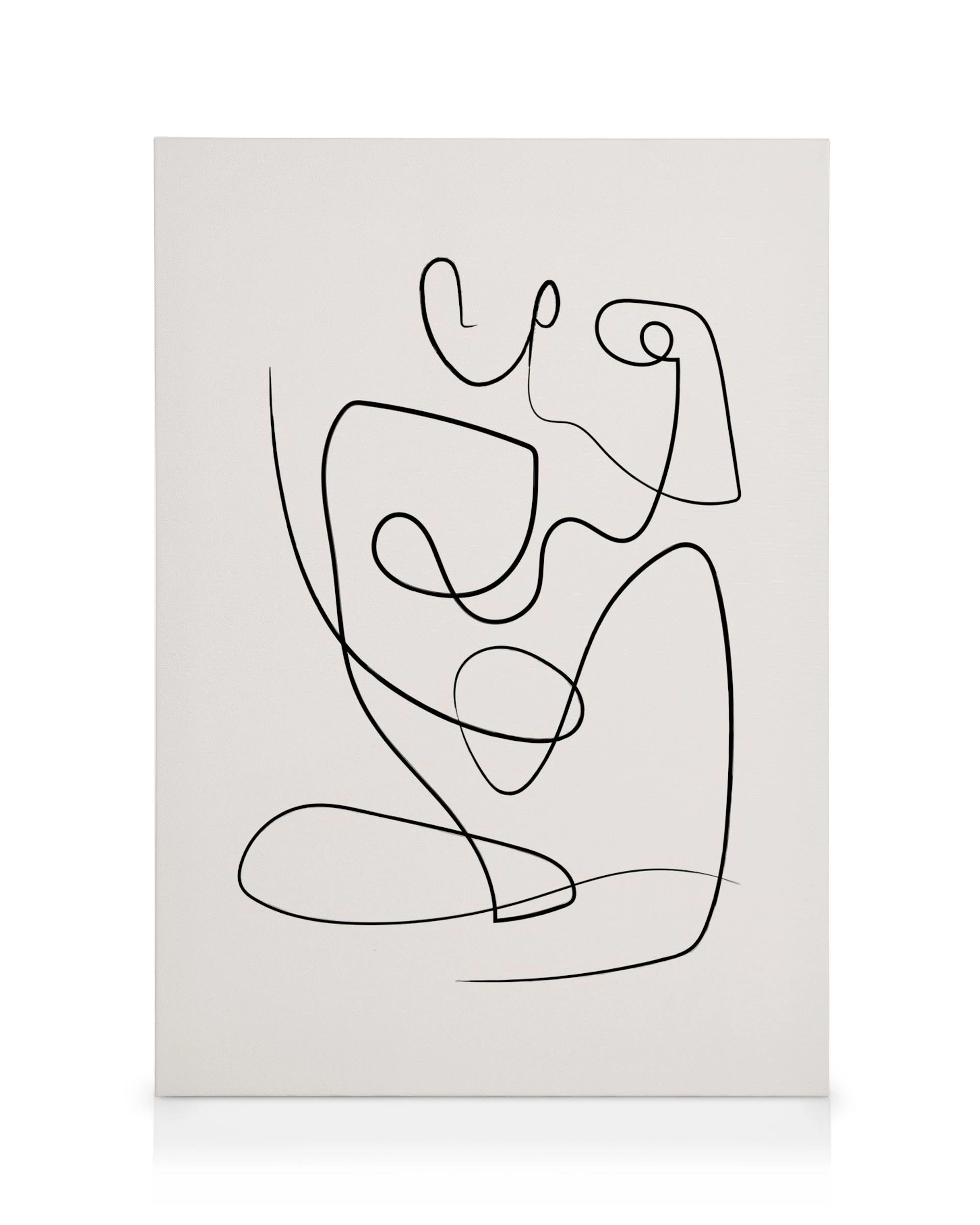 Abstrakte Figuren No1 Leinwandbild, minimalistische schwarze Linien auf hellem Hintergrund, die eine sitzende Figur bilden.