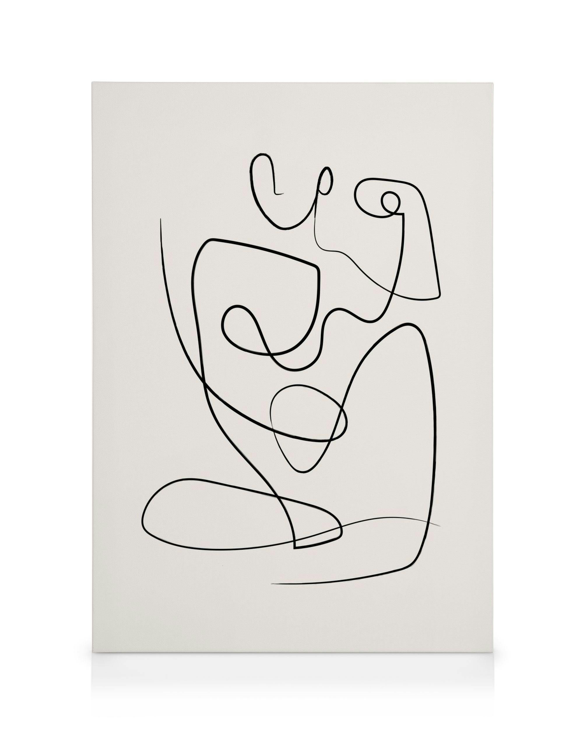 Abstract canvas print with a single continuous black line forming abstract figures on a white background
