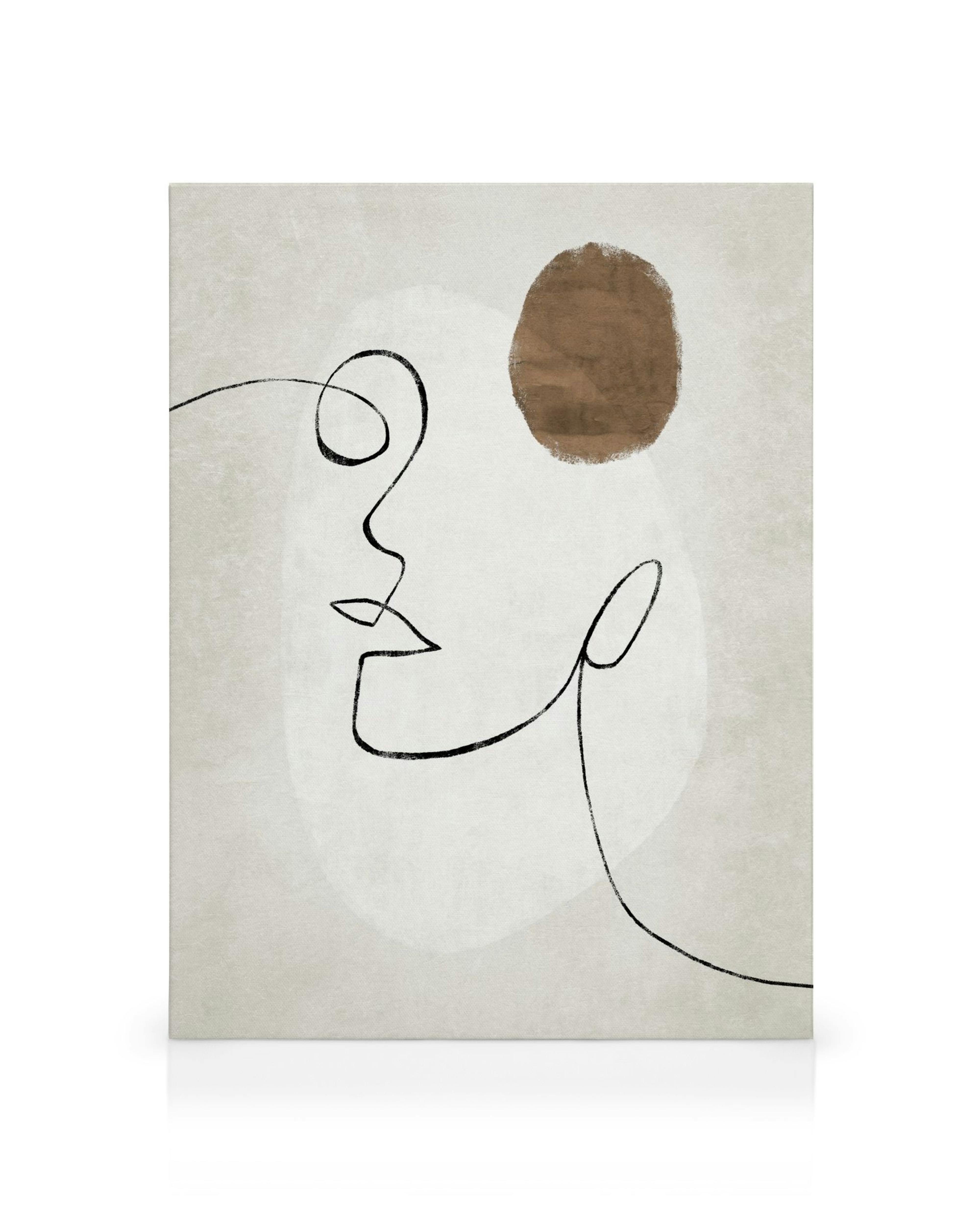 Abstract minimalist canvas print with a single black line forming a face in profile, against a neutral background with a brown c