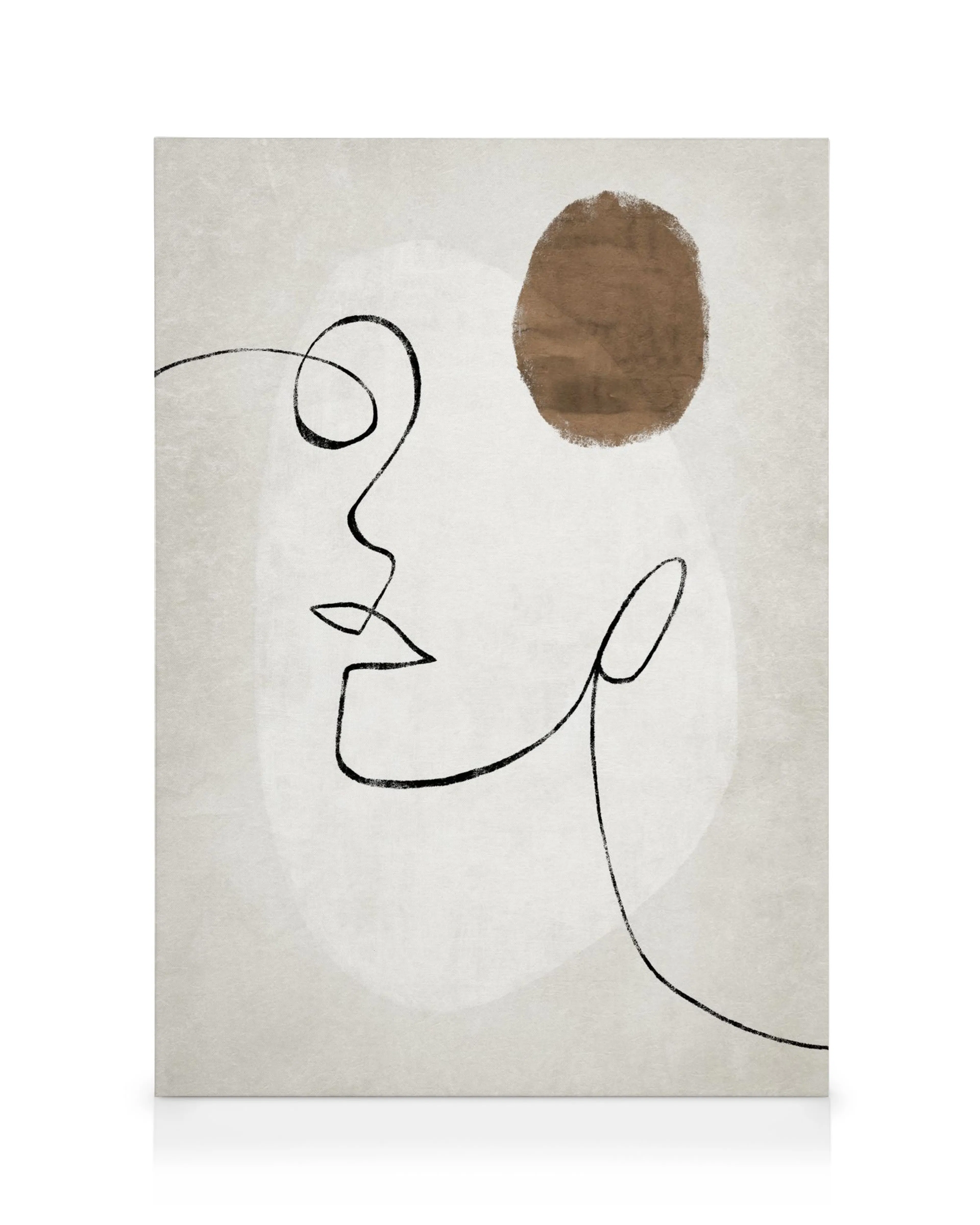 Stampa su tela con disegno lineare di un volto, sfondo beige, forme astratte marroni e linee nere.