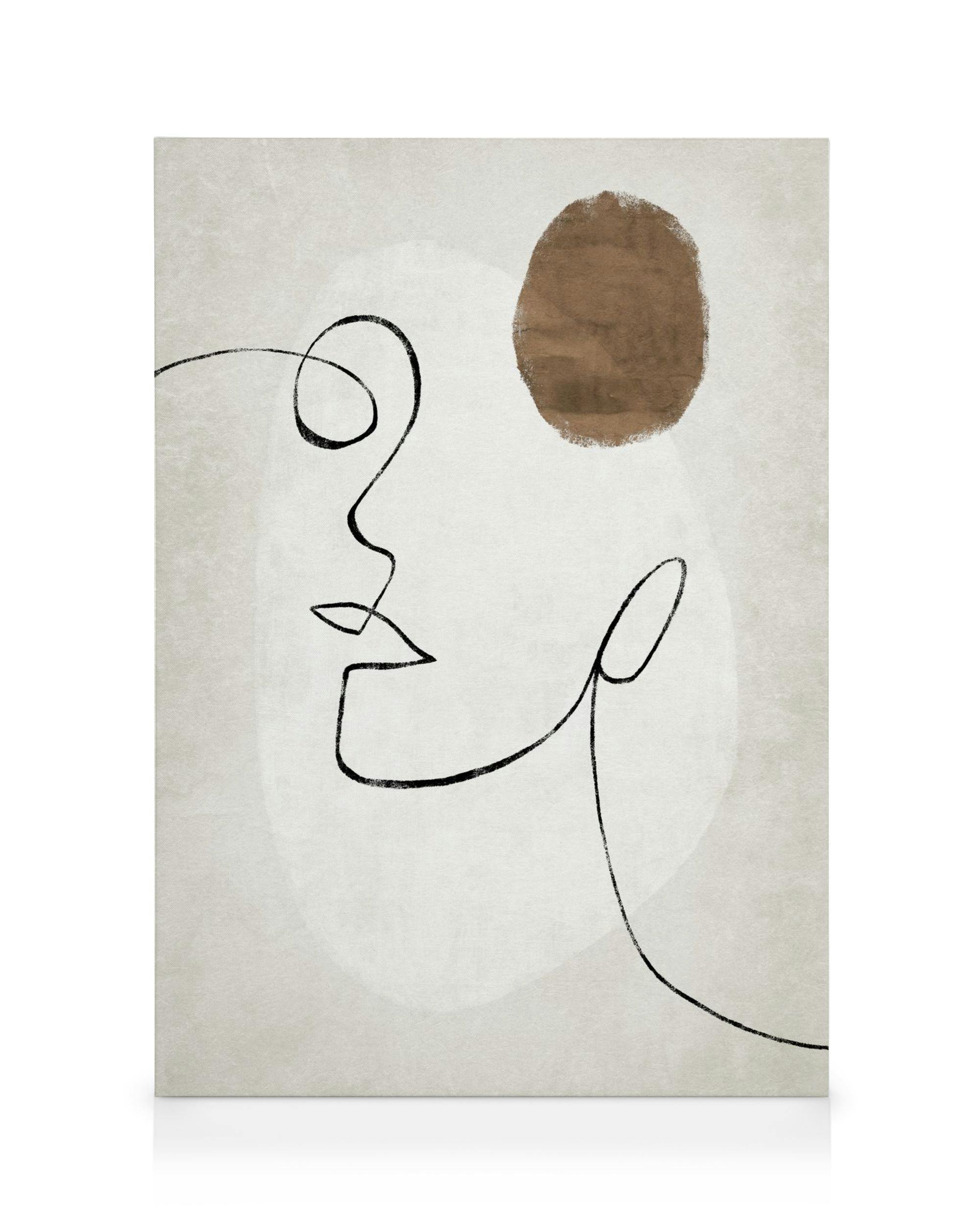 Abstract face drawing in black line art on a textured beige background with a brown abstract shape.