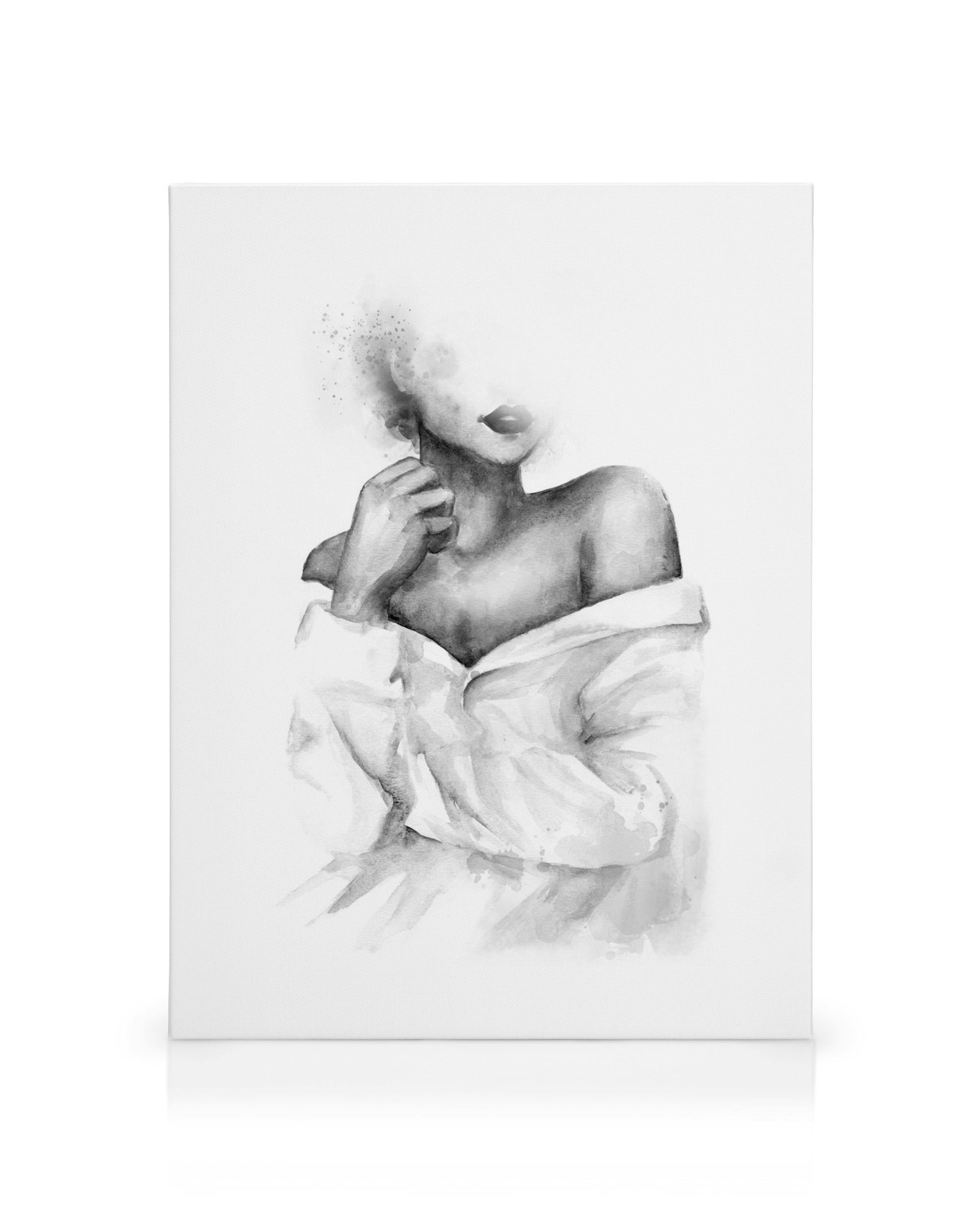 Zwart-wit aquarel canvas van een vrouw met ontbloot bovenlichaam en shirt, haar gezicht is onscherp met stippen