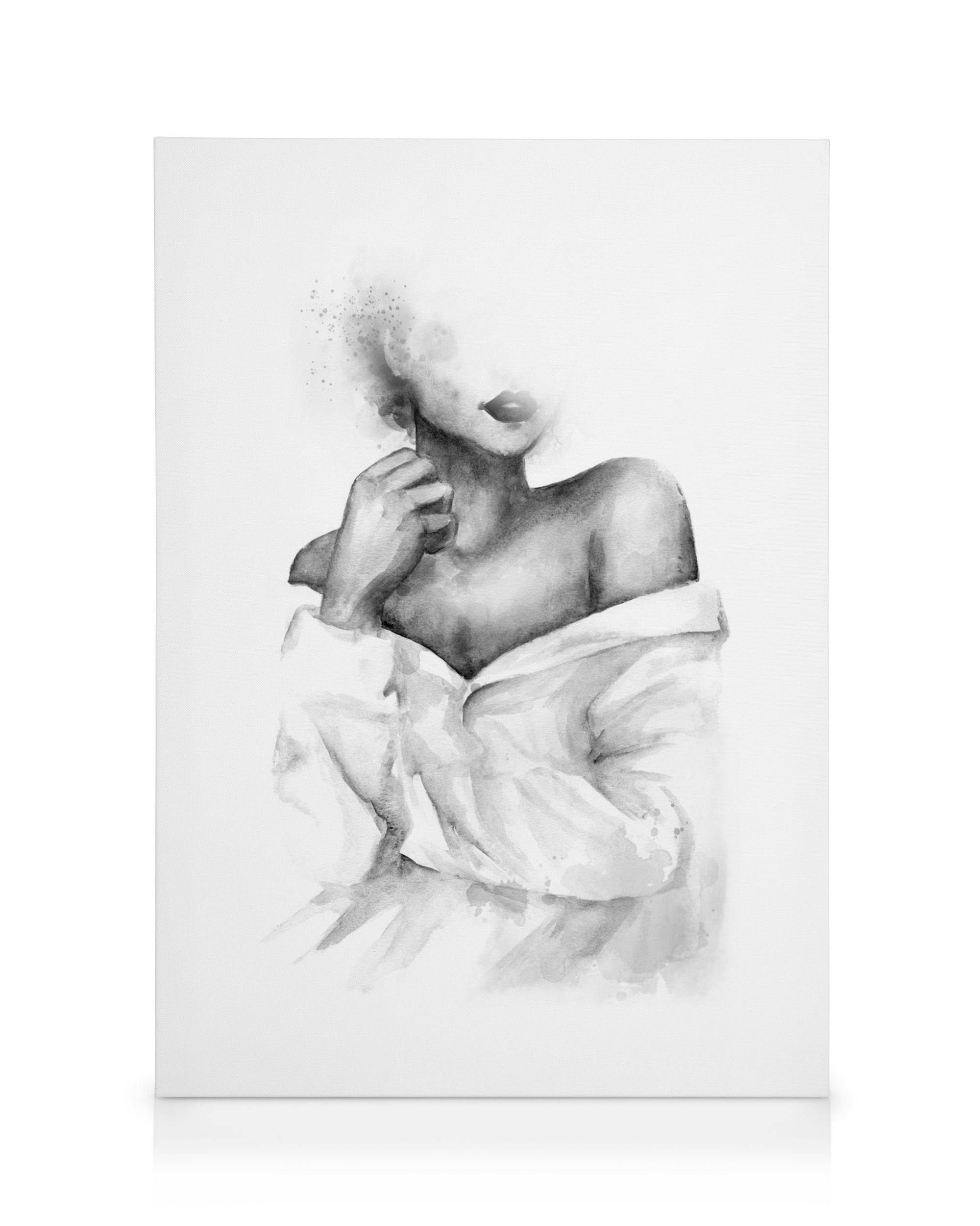 Akvarelový obraz ženy s odhaleným ramenom a bielymi šatami, čiernobiely. Abstraktný motív.