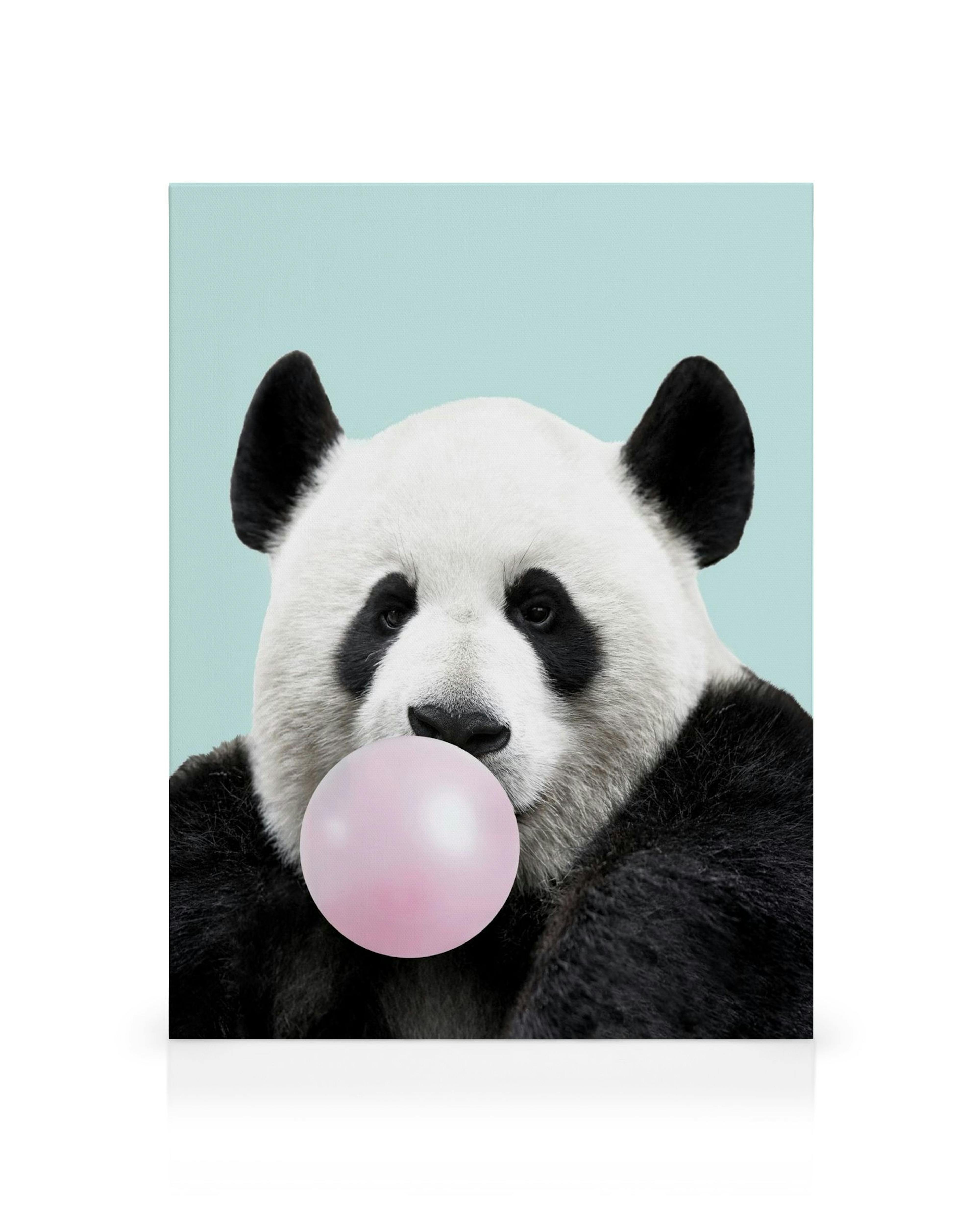 Bubblegum Panda canvas print with a panda blowing a pink bubble, set against a light blue background.