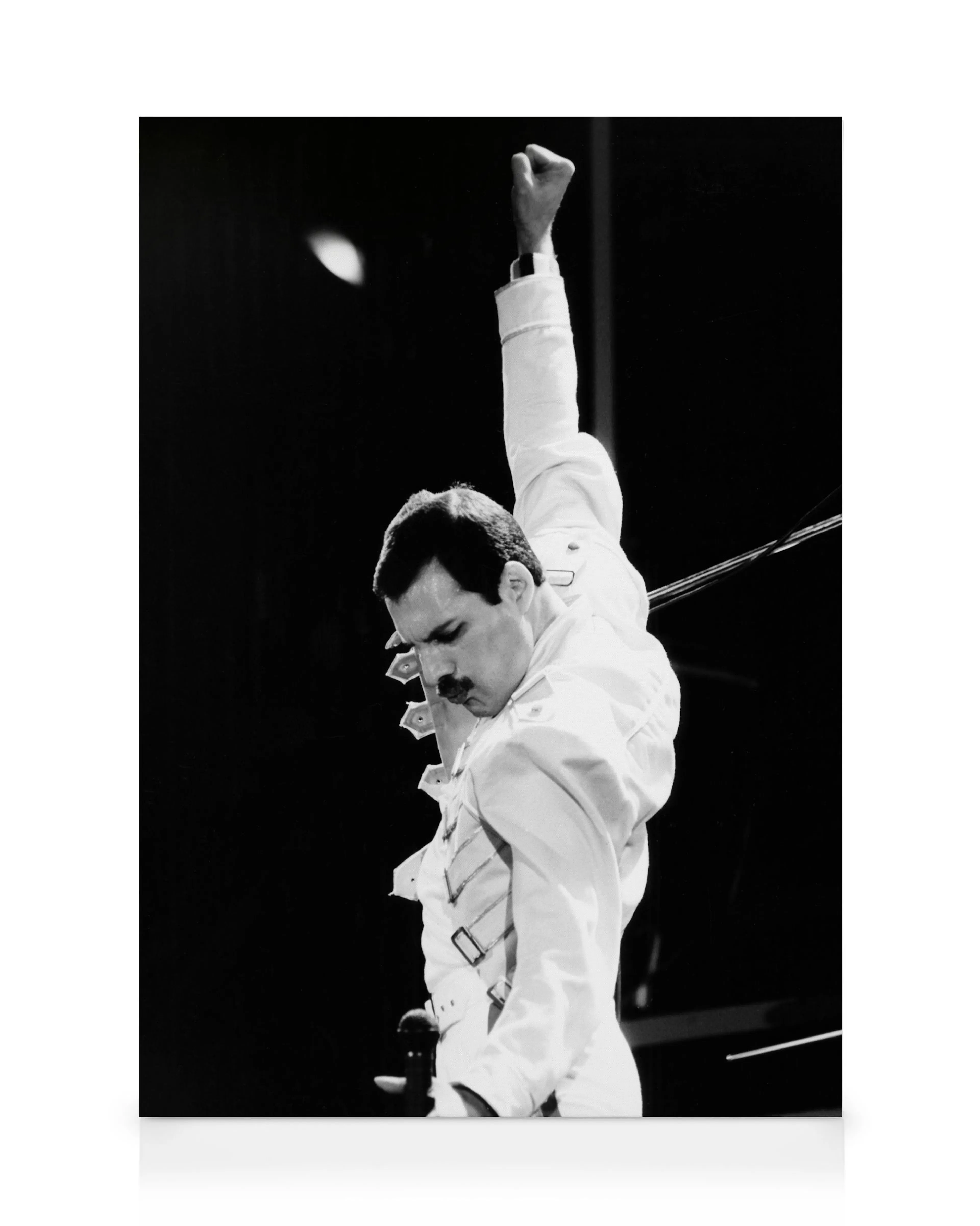 Toile en noir et blanc de Freddie Mercury, le poing levé en concert.