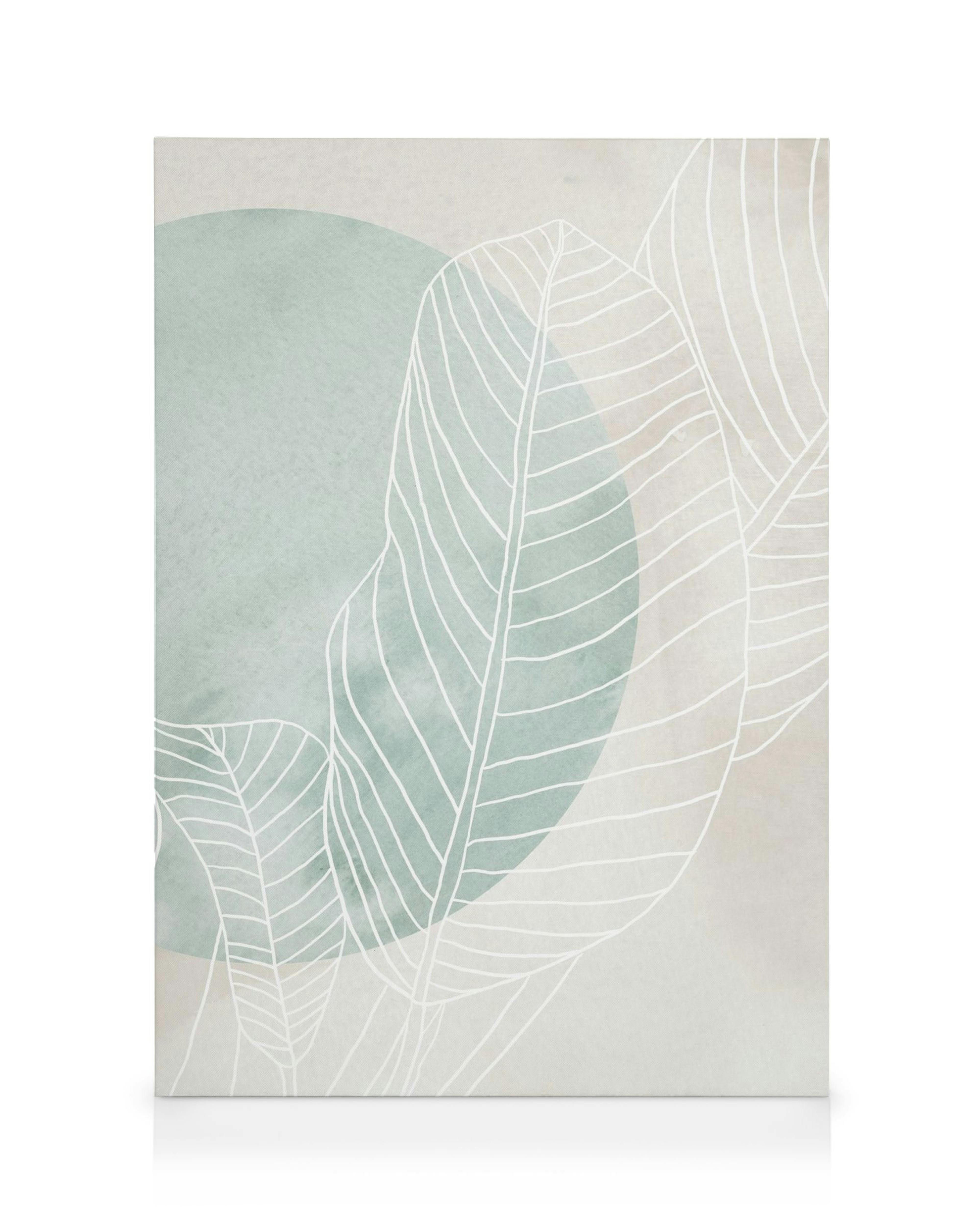 Viikunan lehtien viivapiirros kanvaasi vihreällä ympyrällä beigellä pohjalla.