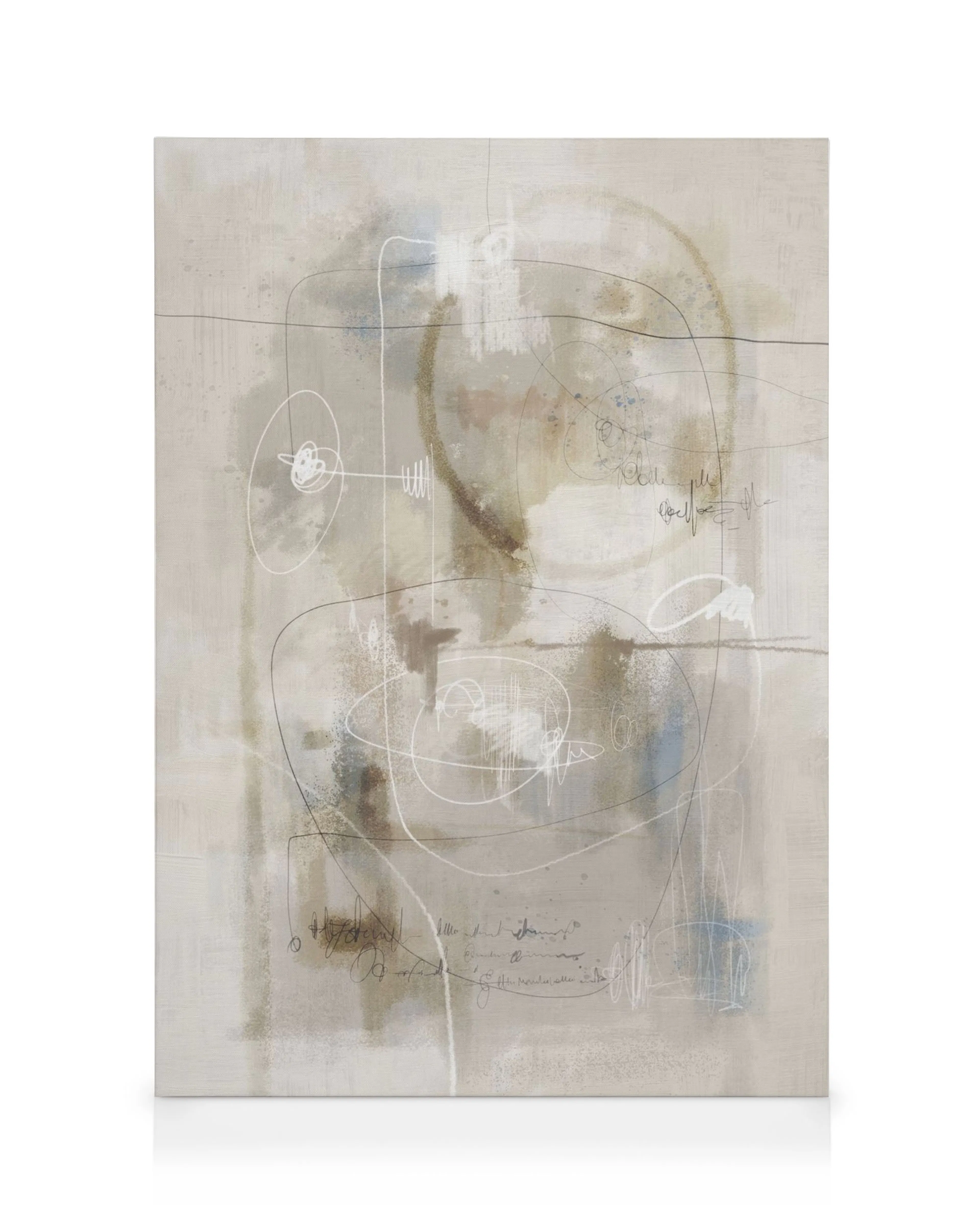 Tela abstrata bege com marcas em marrom, branco e azul, rabiscos e texto cursivo para decoração de parede.