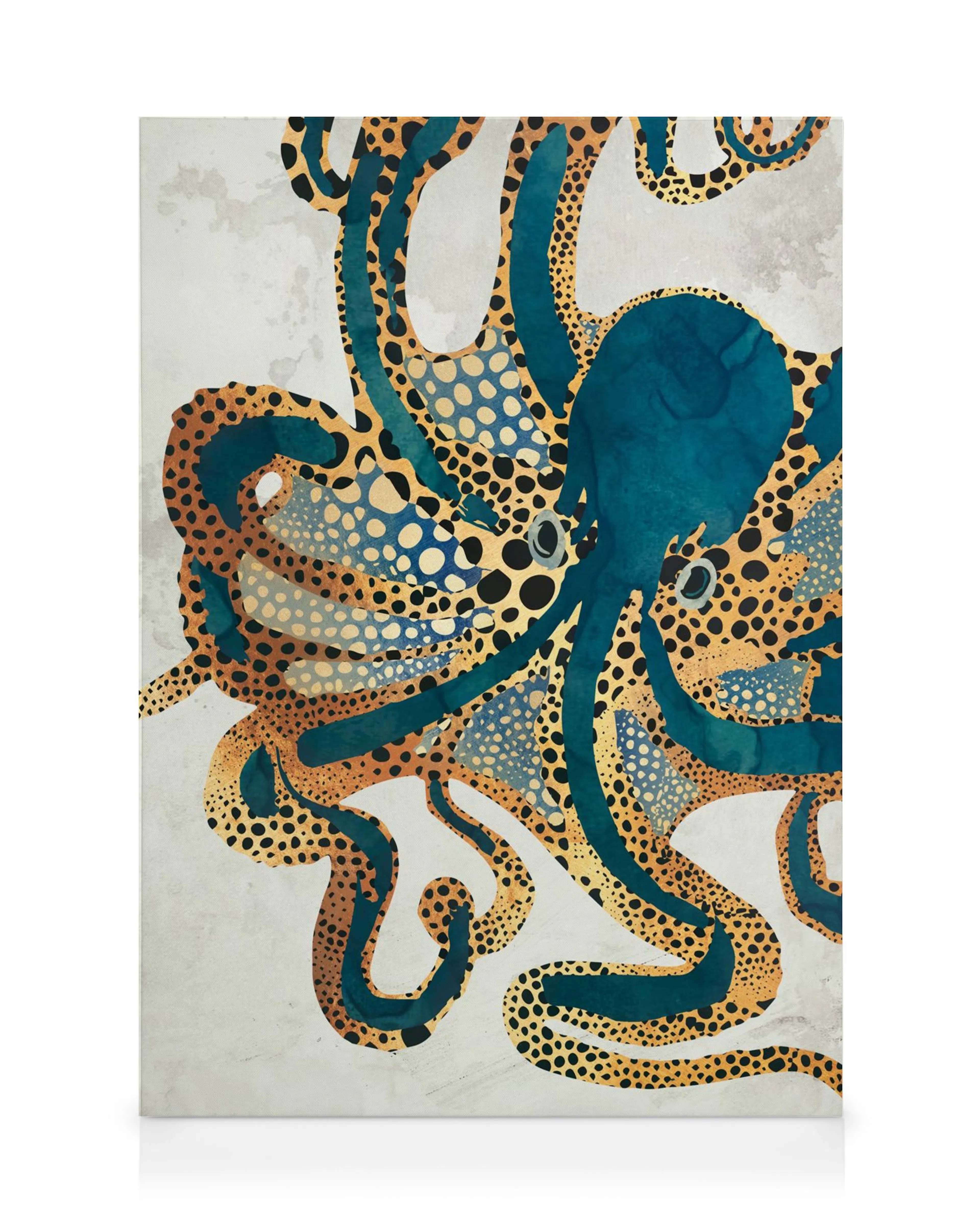 Vibrant teal and gold octopus canvas print with patterned tentacles on a grey background.