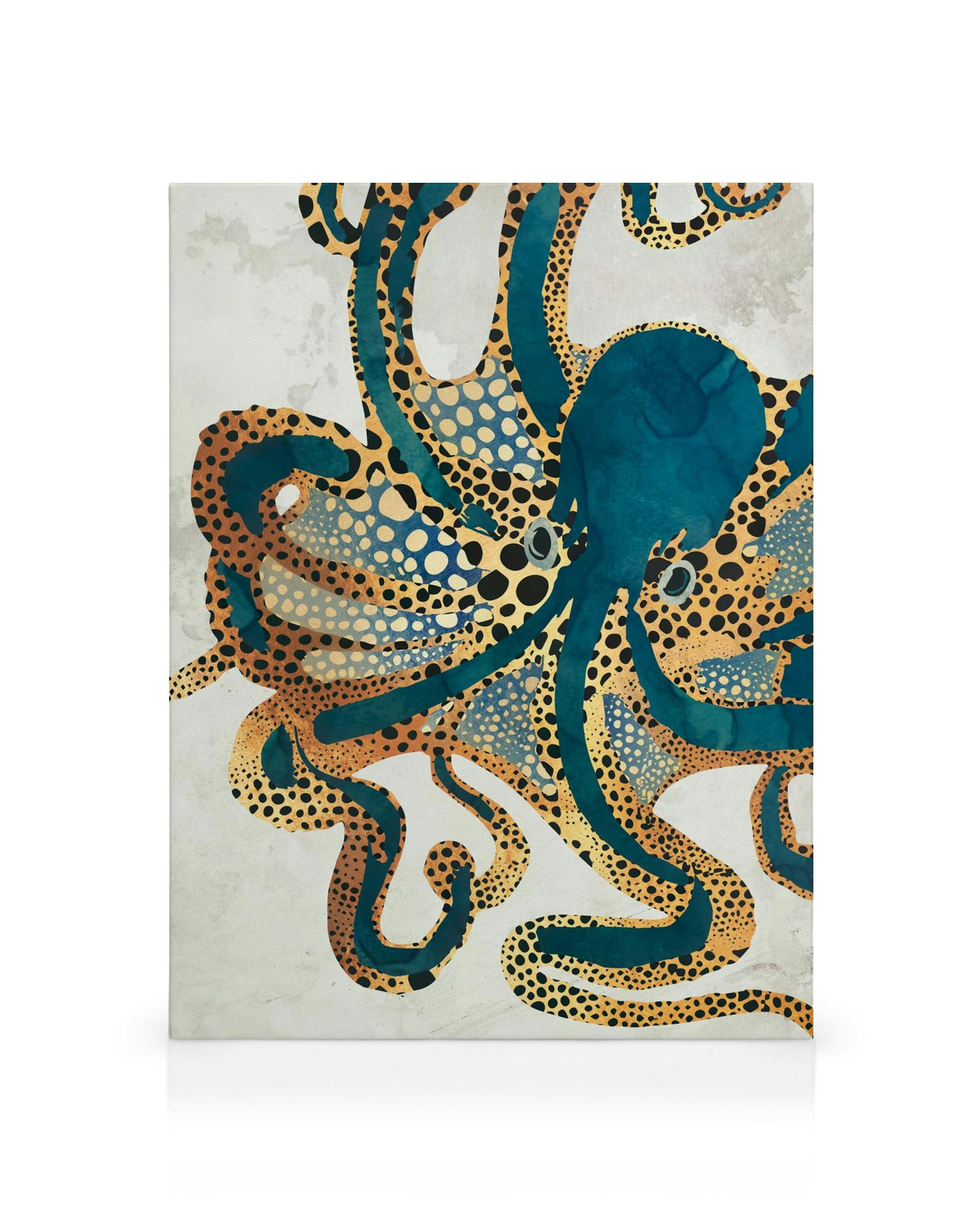 Grafische Illustration eines orangefarbenen und blauen Tintenfisches mit gepunkteten Mustern auf beigem Hintergrund.