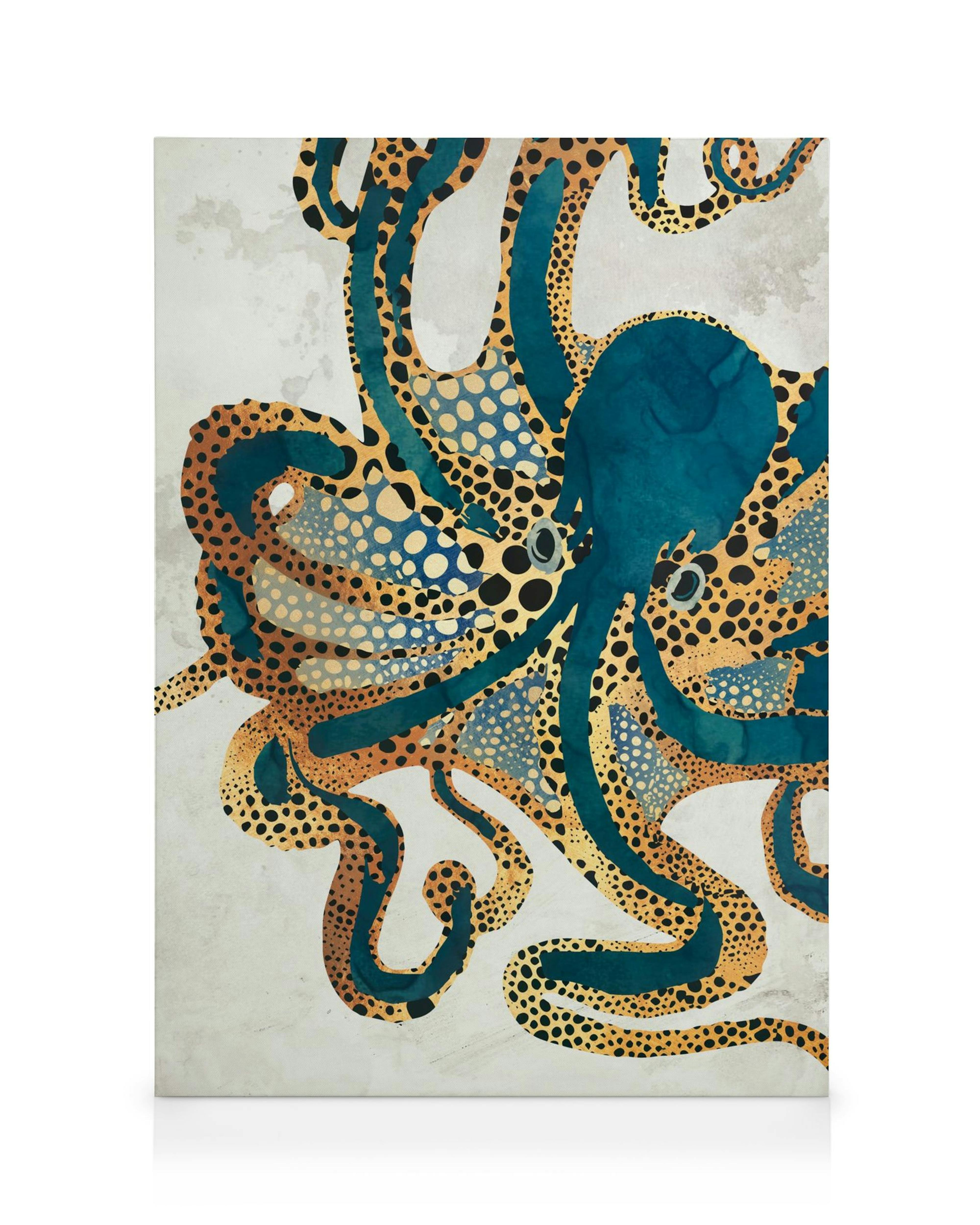 Grafische Illustration eines orangefarbenen und blauen Tintenfisches mit gepunkteten Mustern auf beigem Hintergrund.