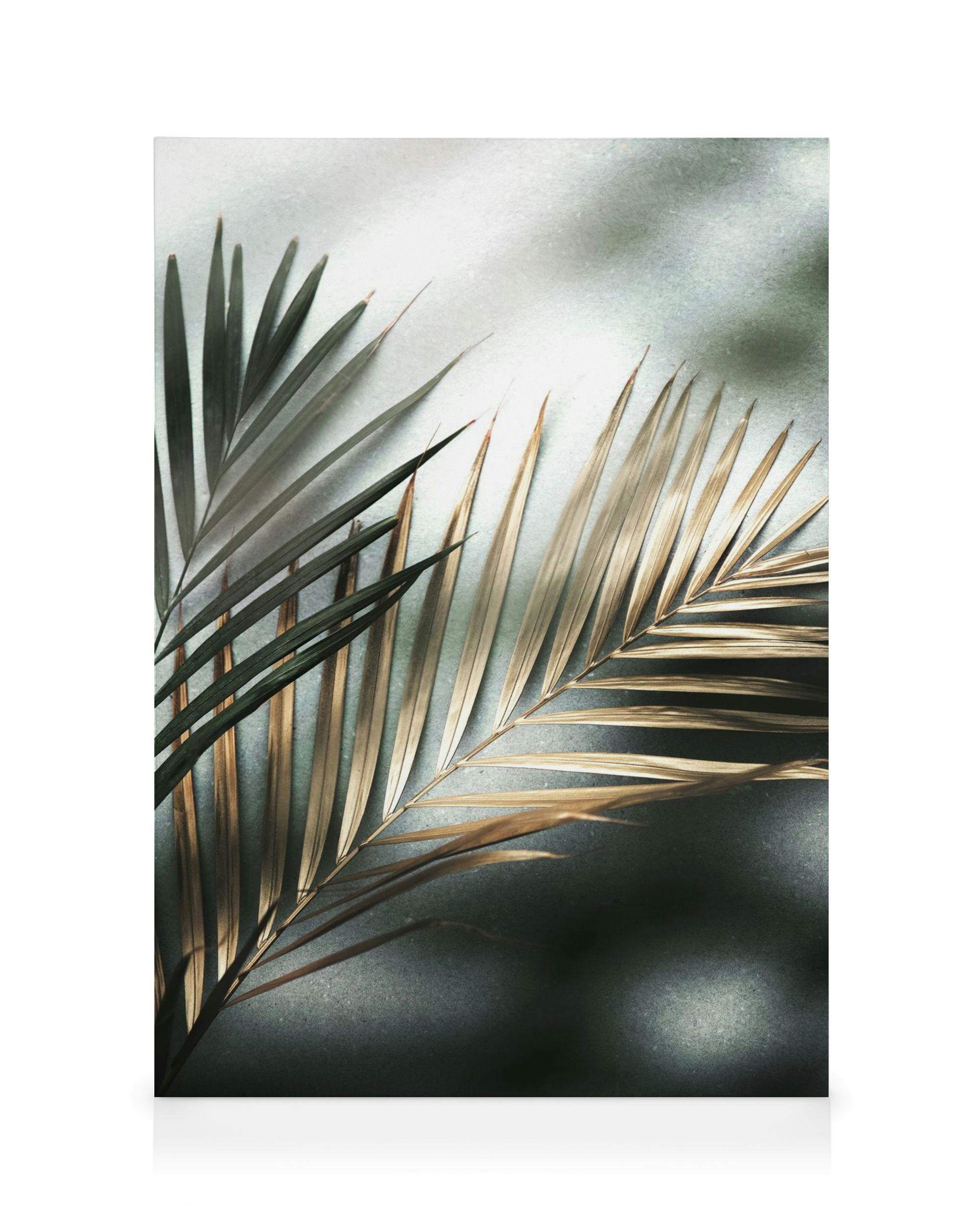Golden palm leaves on a stone background, botanical canvas print with sunlight. Tropical wall art.