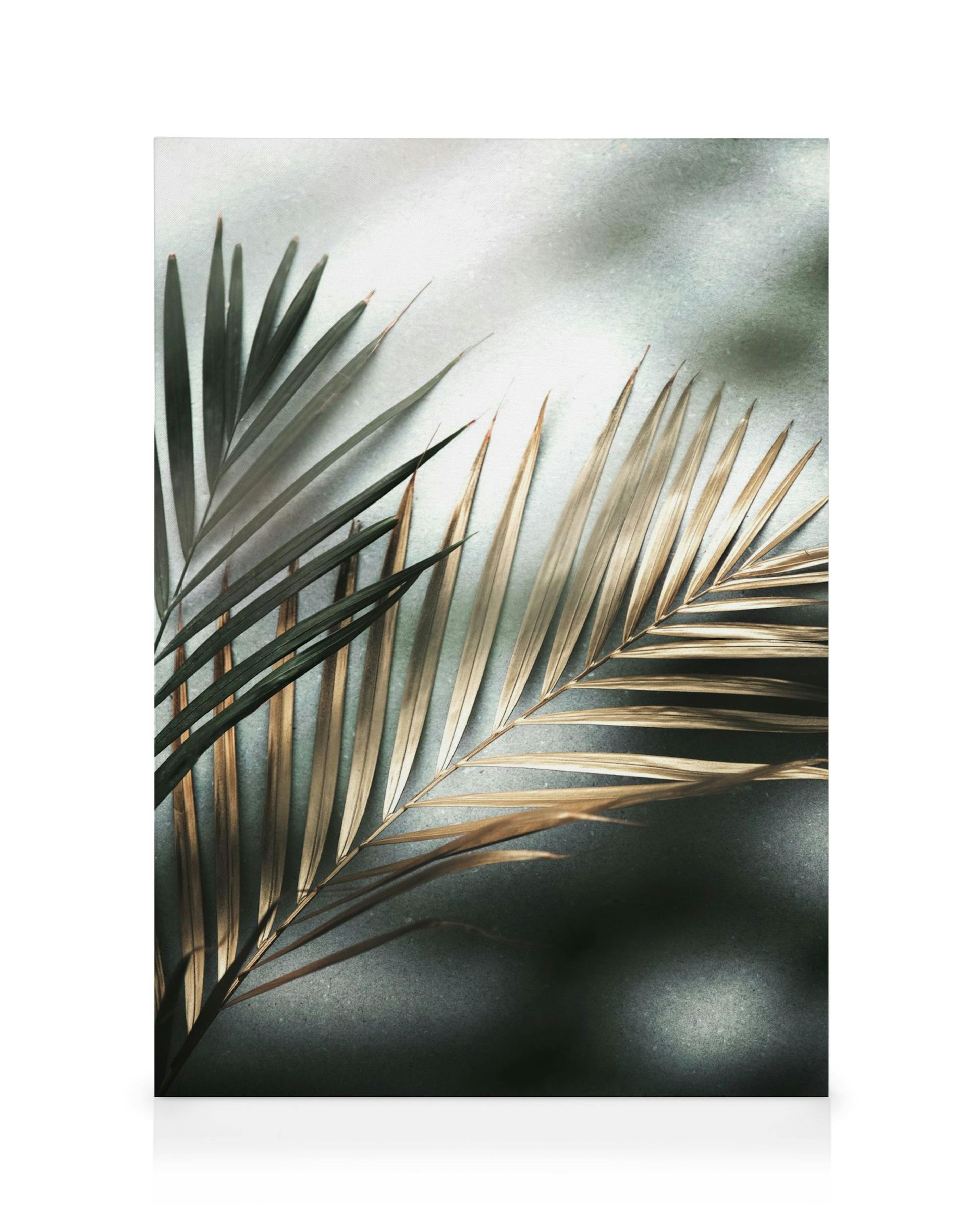 Golden palm leaves on a stone background, botanical canvas print with sunlight. Tropical wall art.