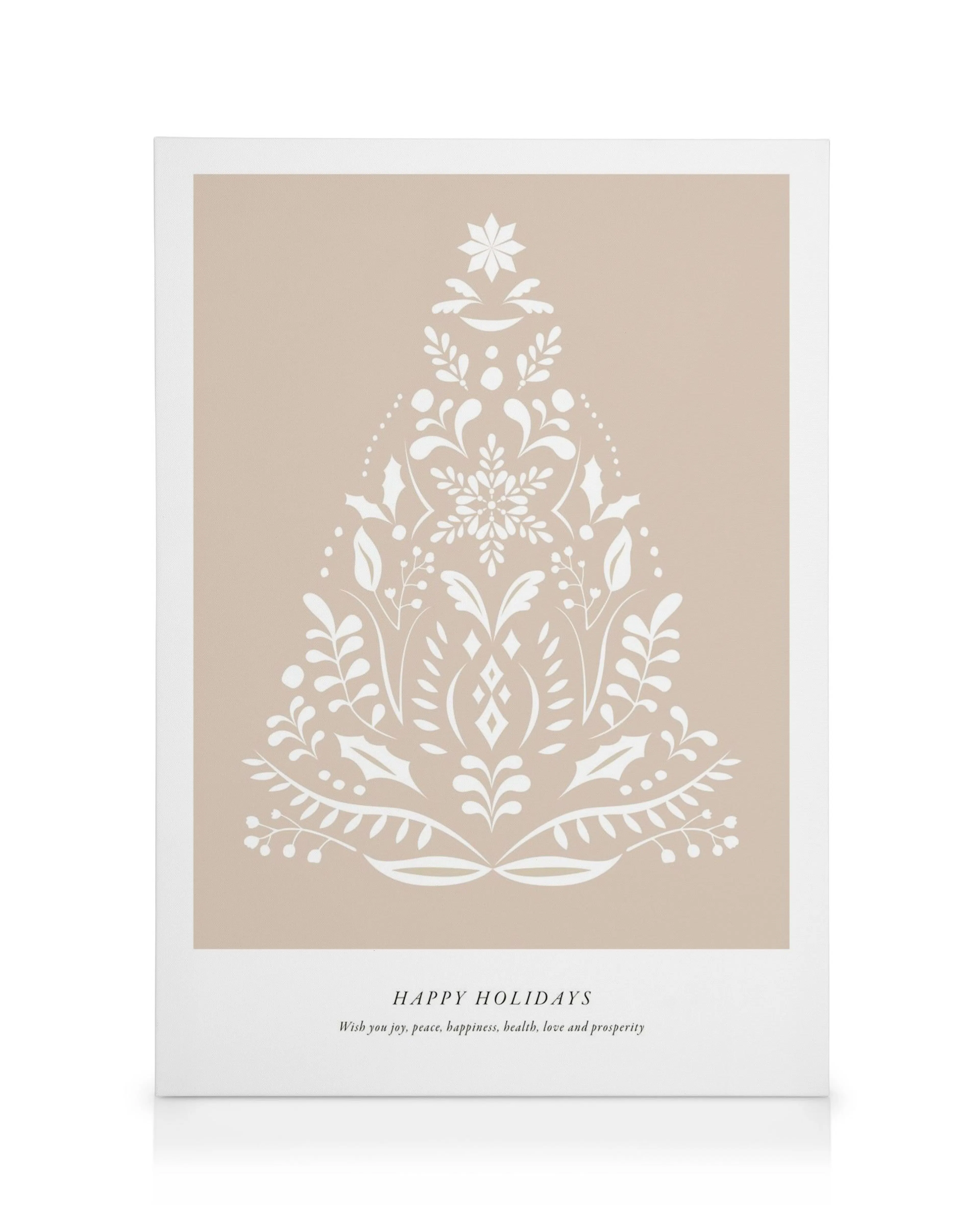 Canvas met kerstboomornamenten, feestelijke boodschap, beige achtergrond, wit decoratief patroon, kerstdecoratie.