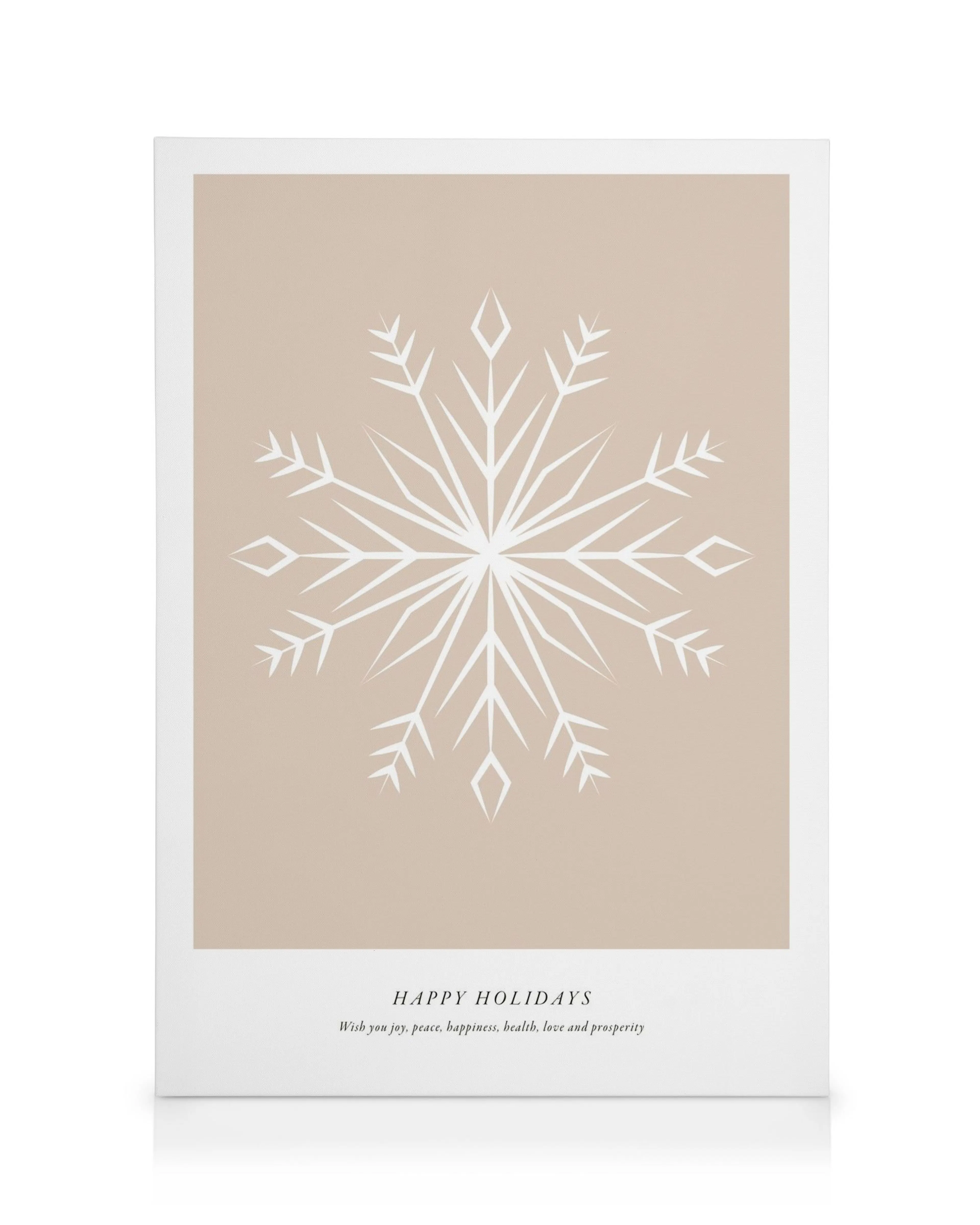 Lærred med hvidt geometrisk snefnug på beige baggrund, sort tekst HAPPY HOLIDAYS og julehilsen.