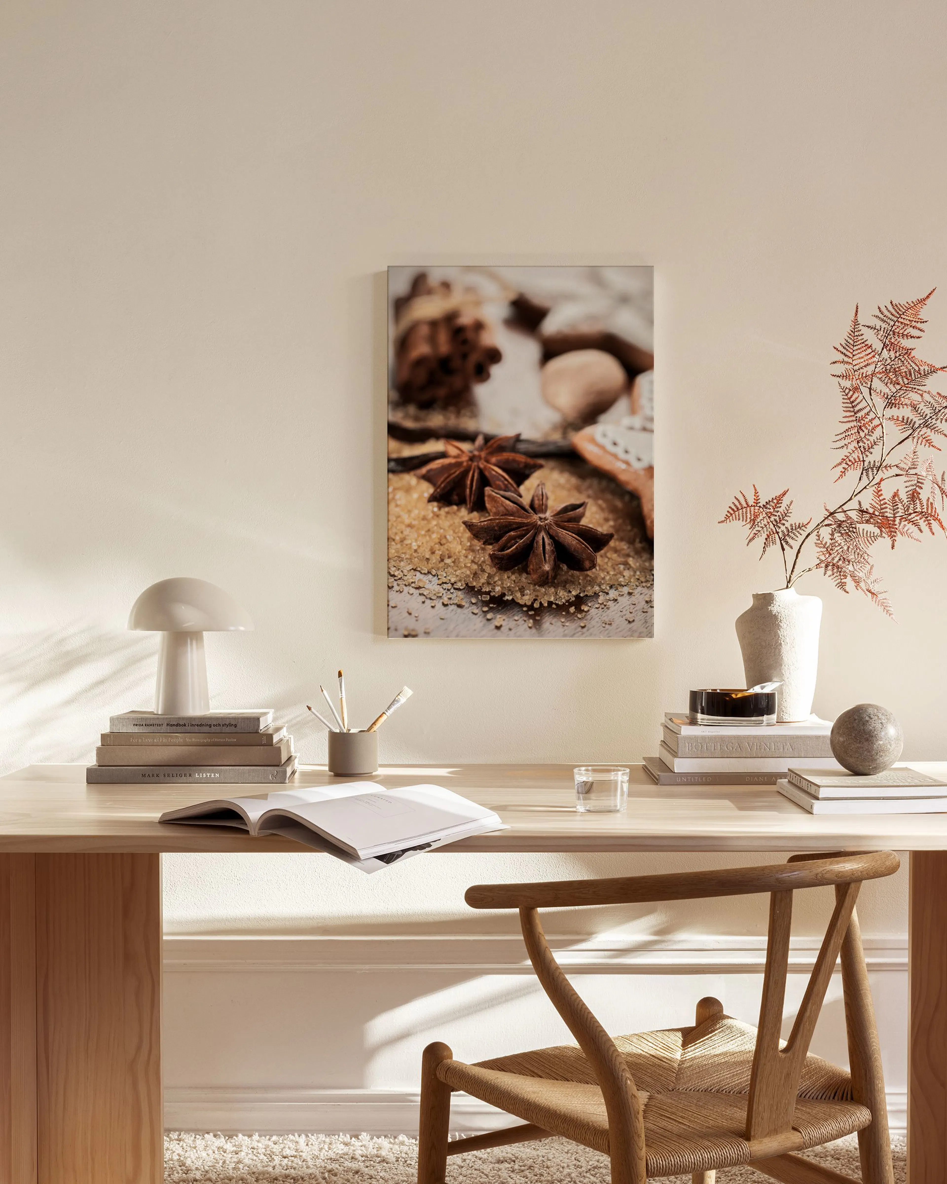 Close-up of star anise and brown sugar, displayed on a light wall in a cozy living room.