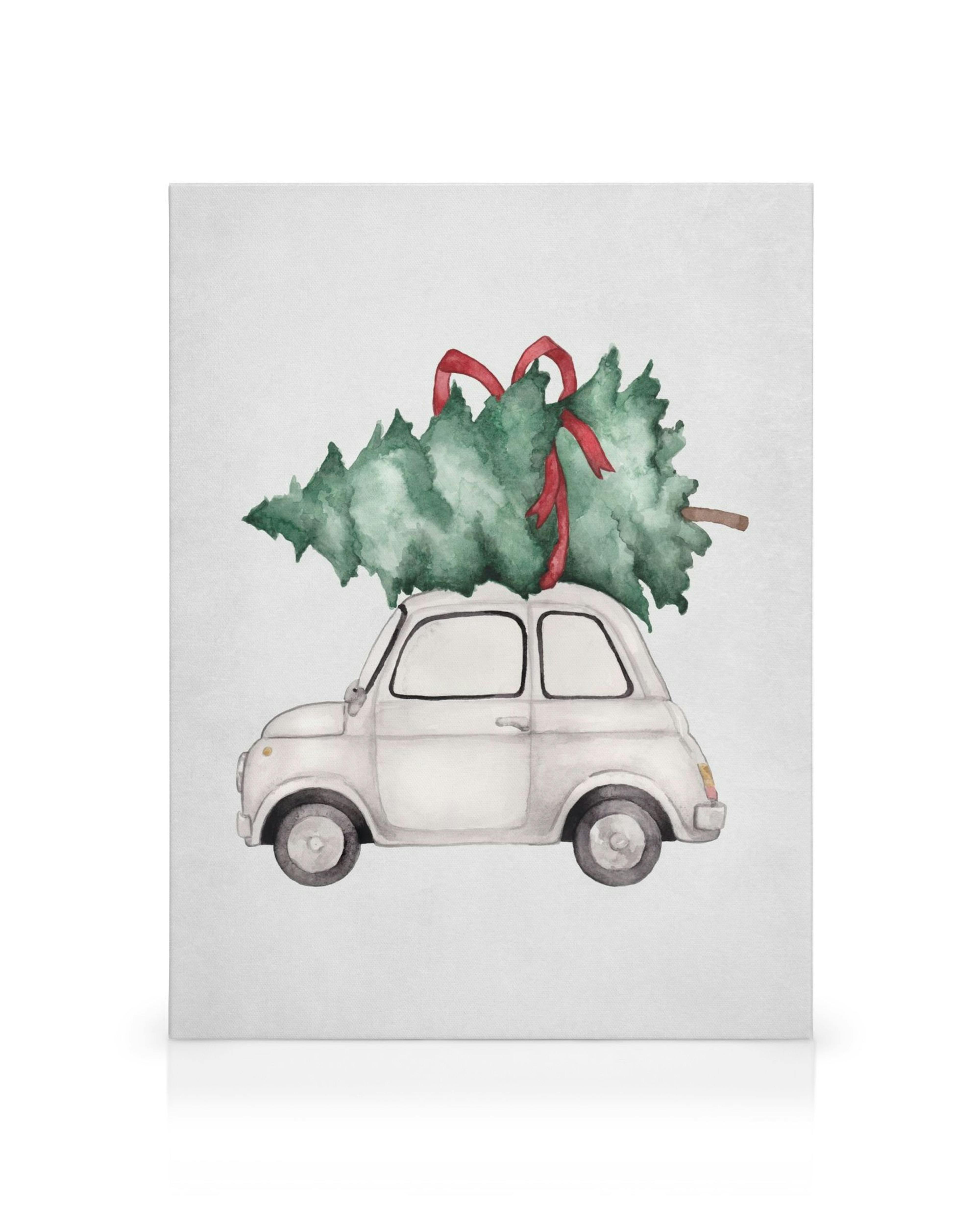 Valkoinen auto kuljettaa joulukuusta punaisella rusetilla. Akvarellikuva, jouluteemainen kanvaasi.