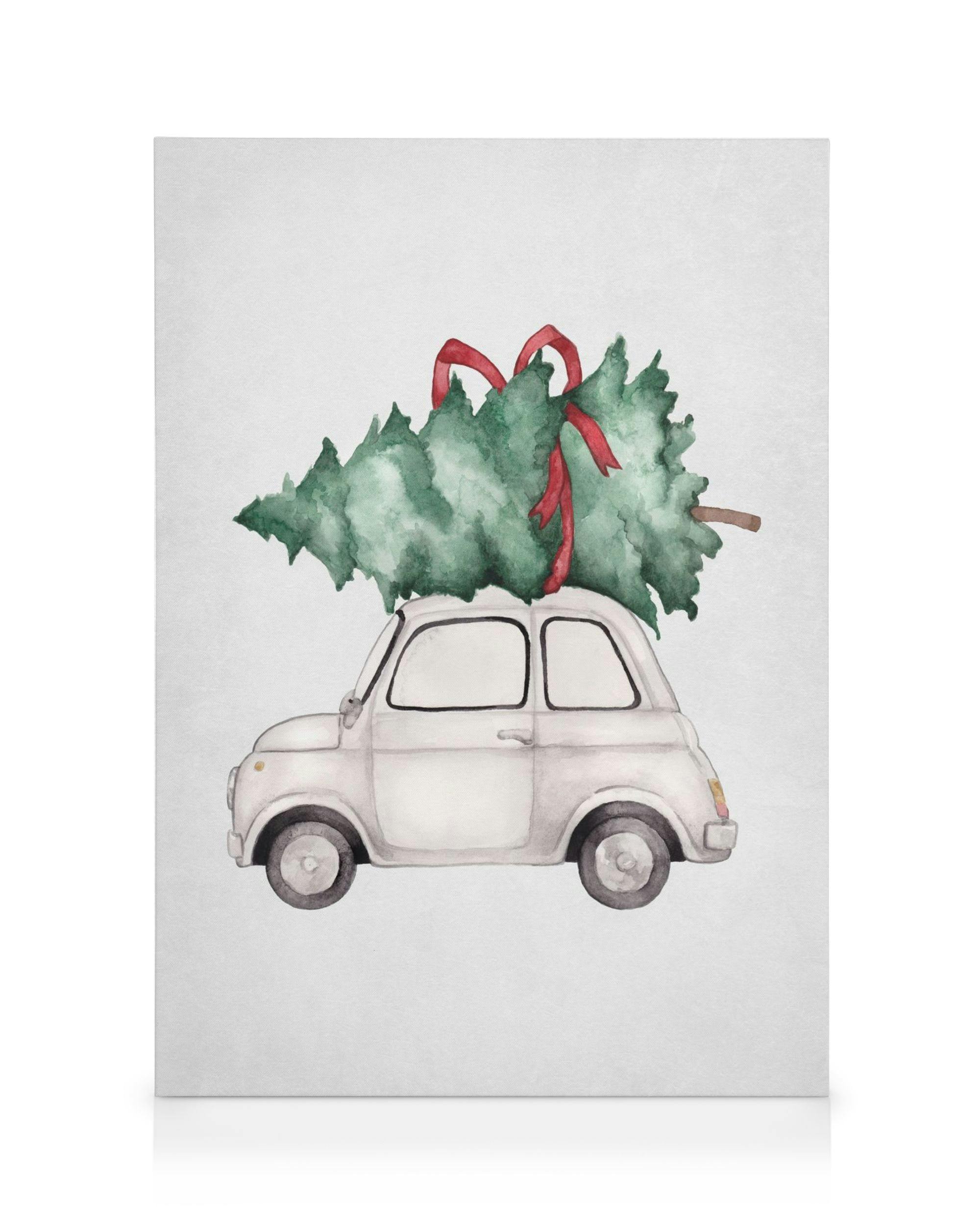 Akvarell canvas med vintagebil som transporterar en julgran med rött band på taket, mot en ljus beige bakgrund.