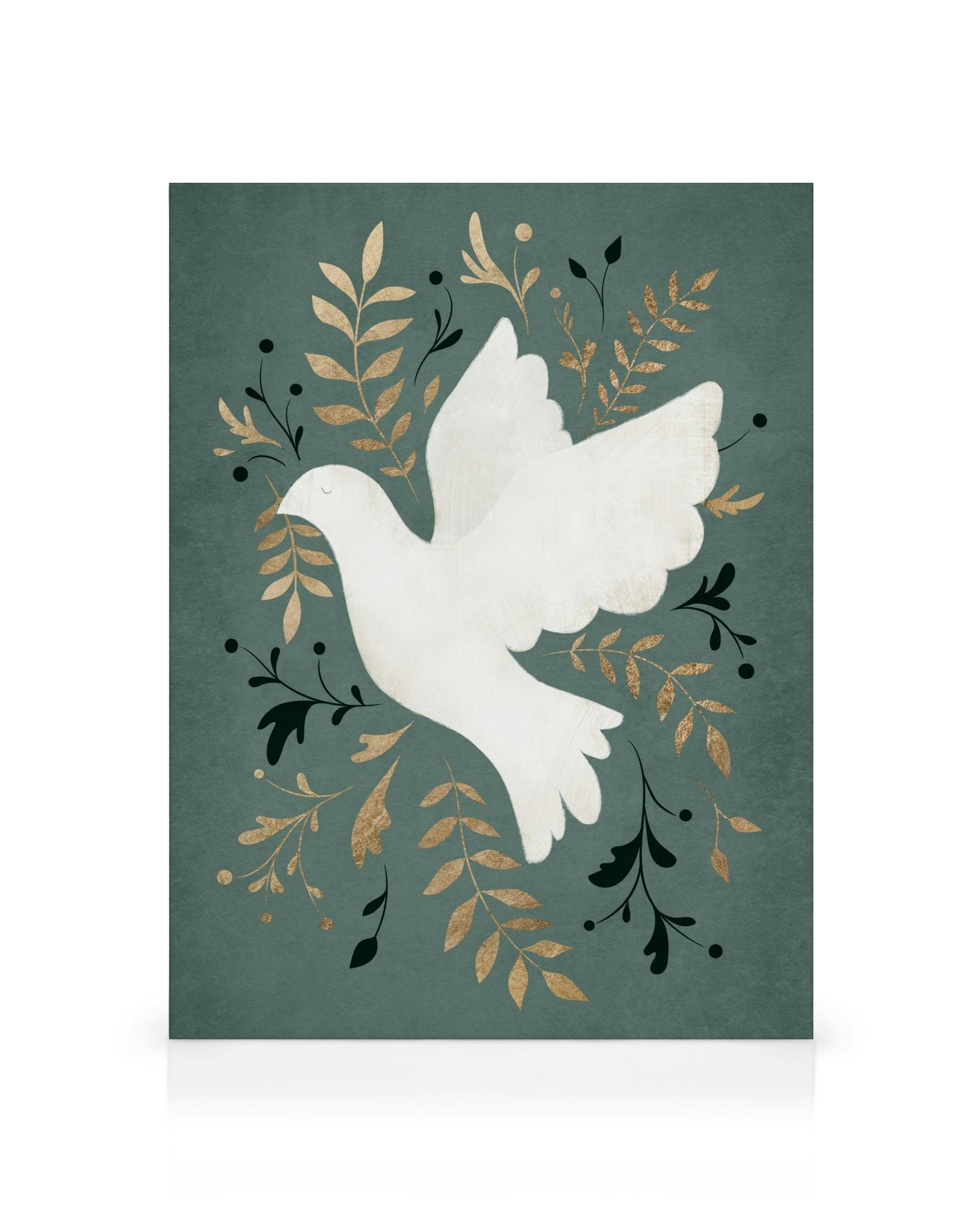 Colomba bianca in volo con foglie dorate e nere su sfondo verde scuro. Stampa su tela per decorazioni murali.