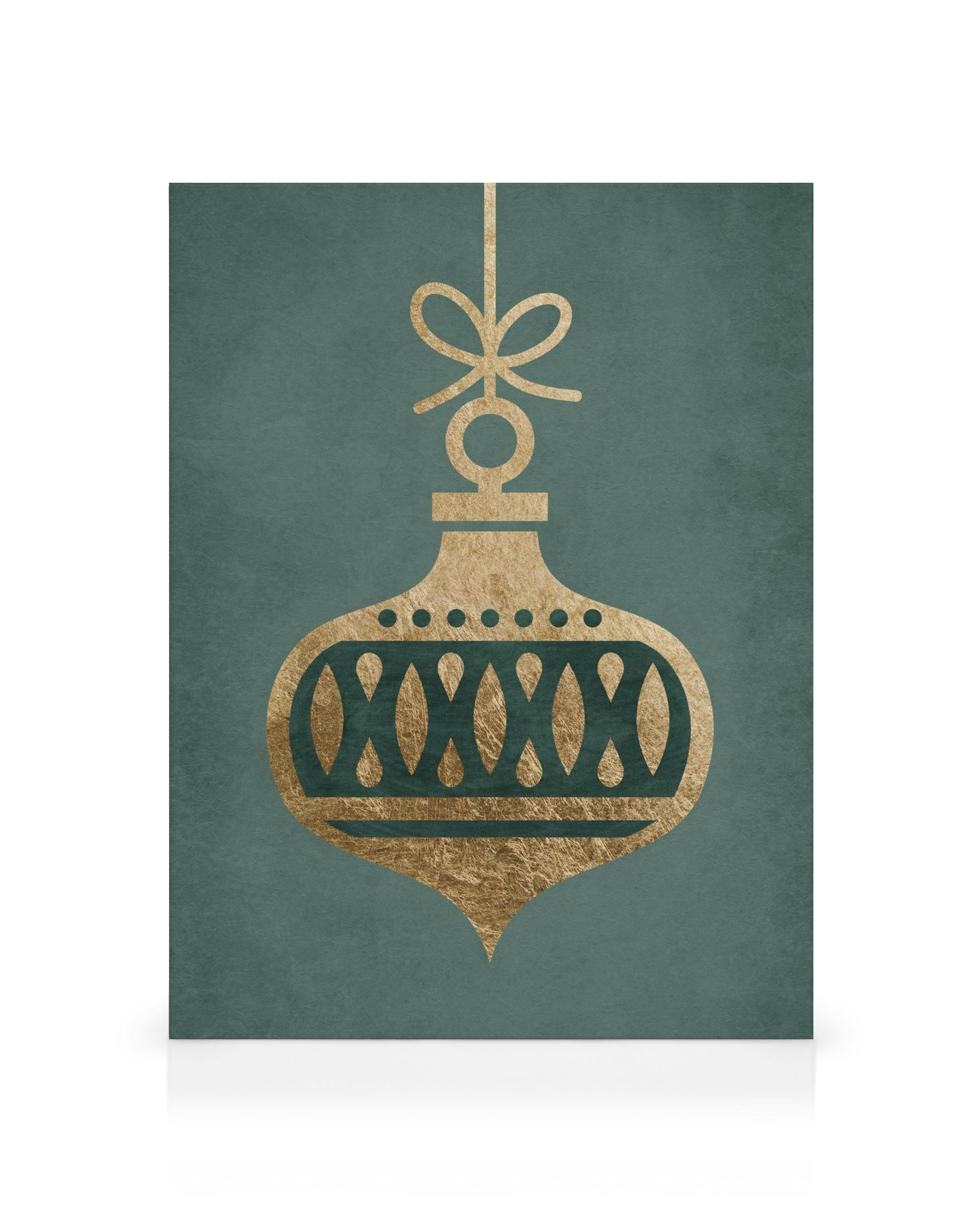 Toile de Noël avec boule dorée et motifs festifs sur fond sarcelle