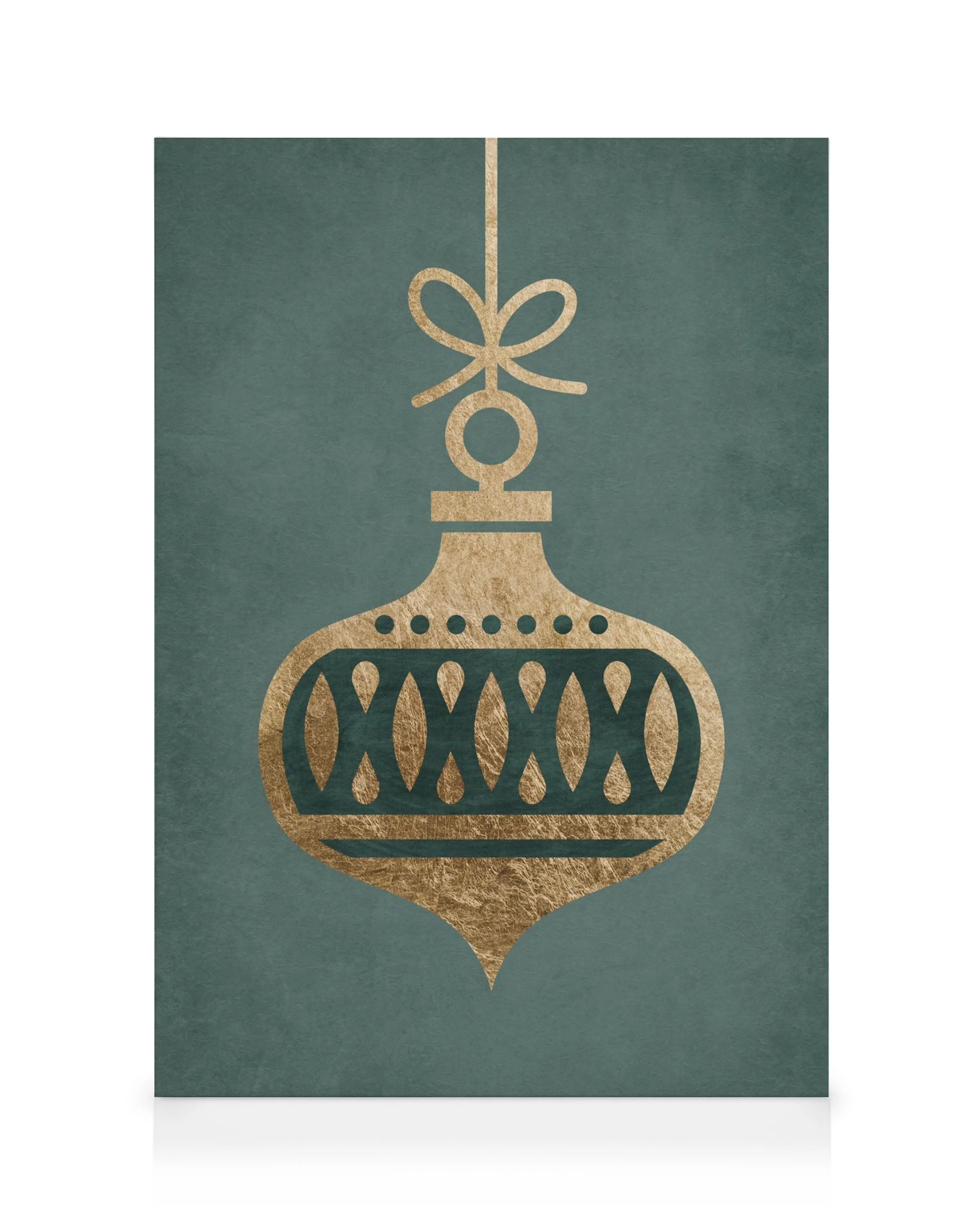 Textured gold foil Christmas bauble canvas print on a solid teal background.