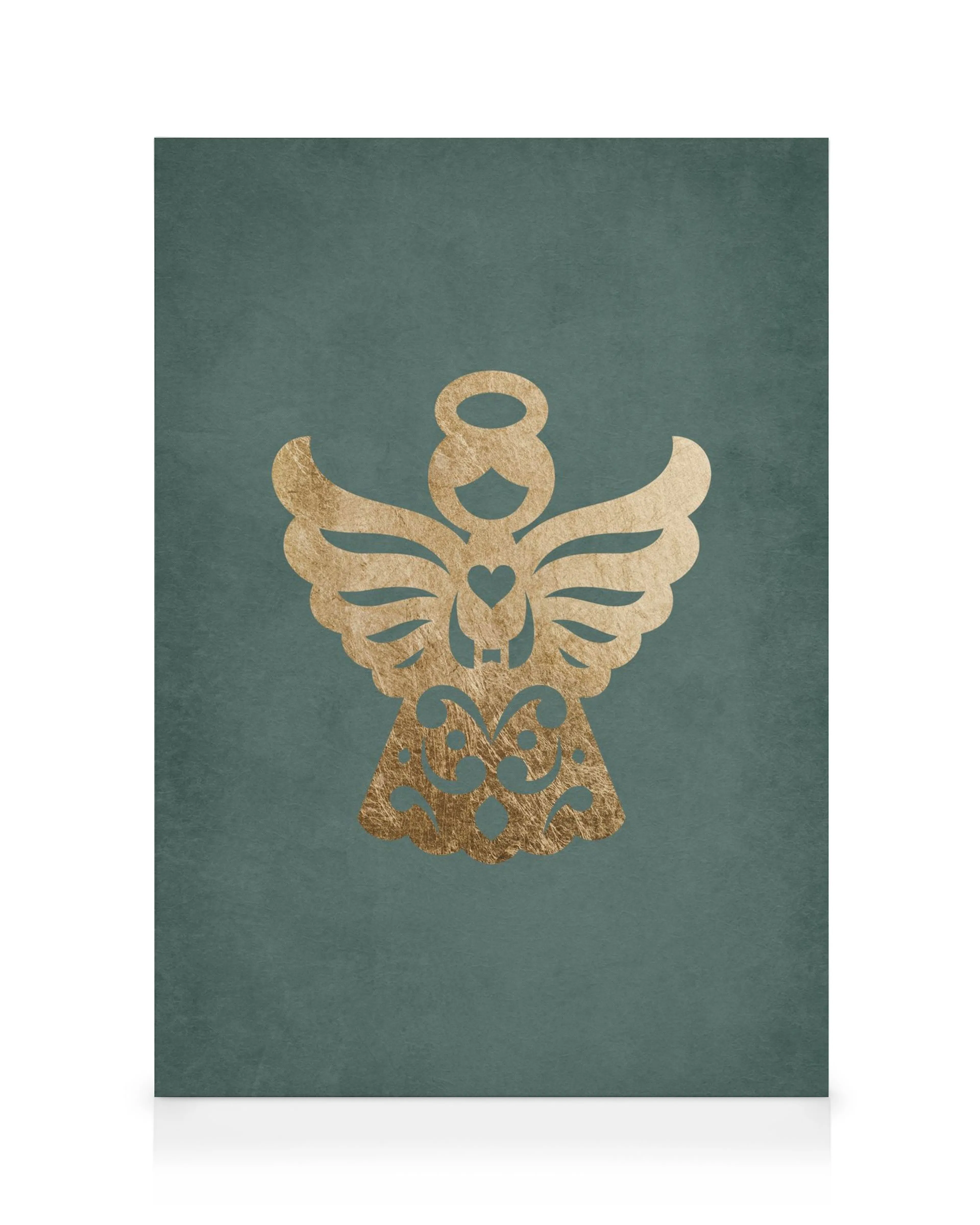 Golden angel silhouette with halo and wings on a textured teal background, spiritual wall art.