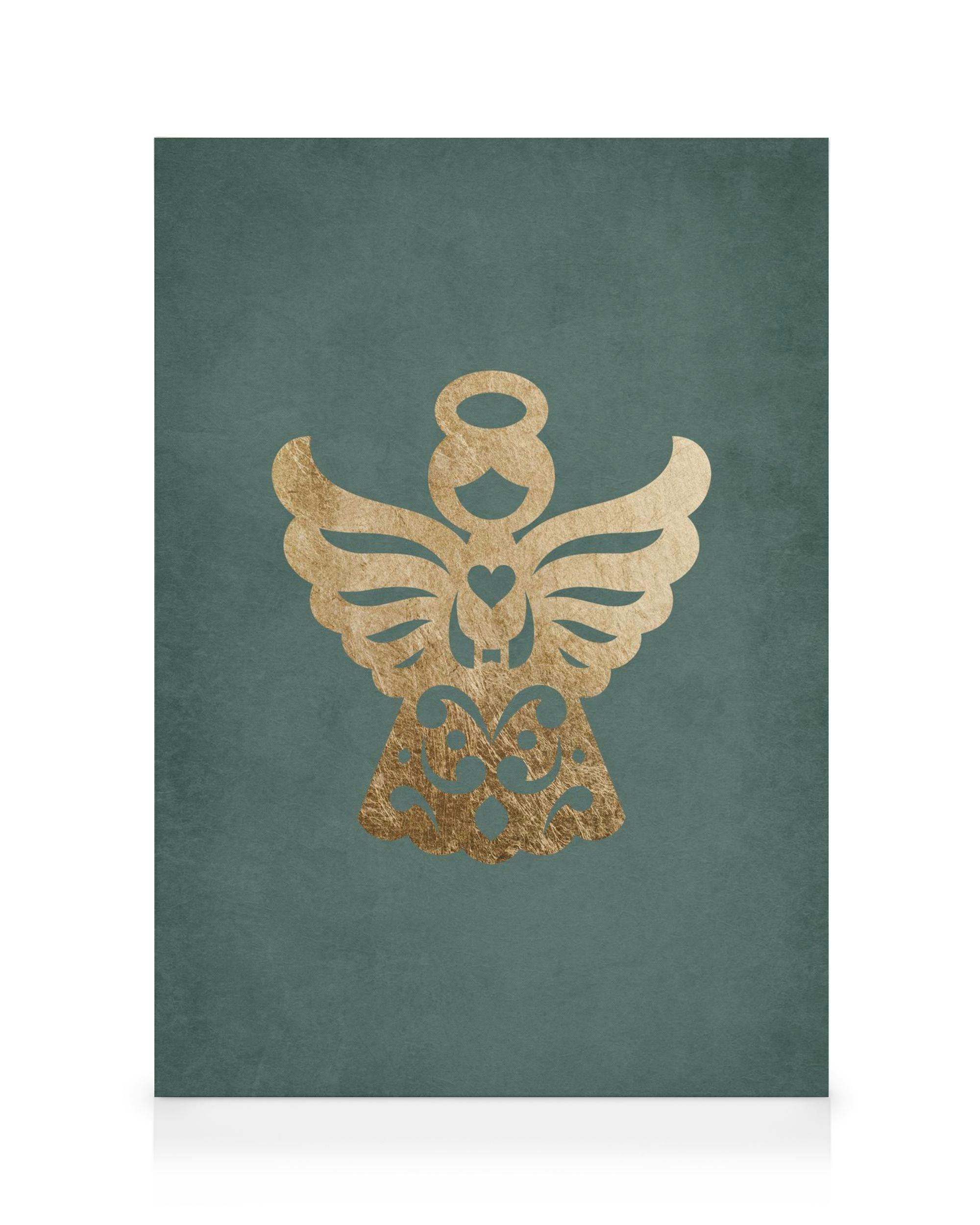 Guldängelsiluett med texturerade vingar och virvlande former mot en teal bakgrund, magisk look.