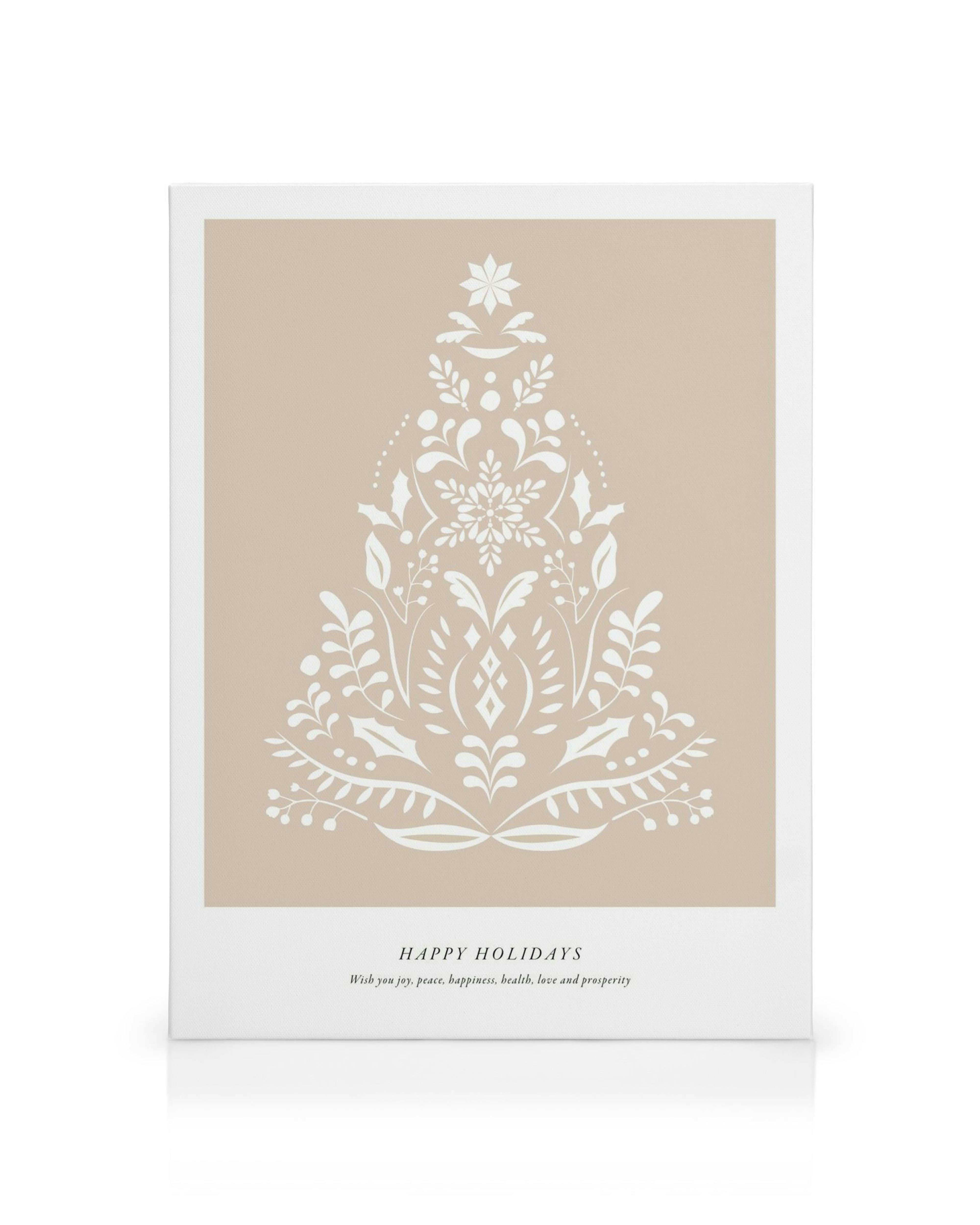 Toile Happy Holidays No1 avec arbre de Noël floral blanc sur fond beige et texte