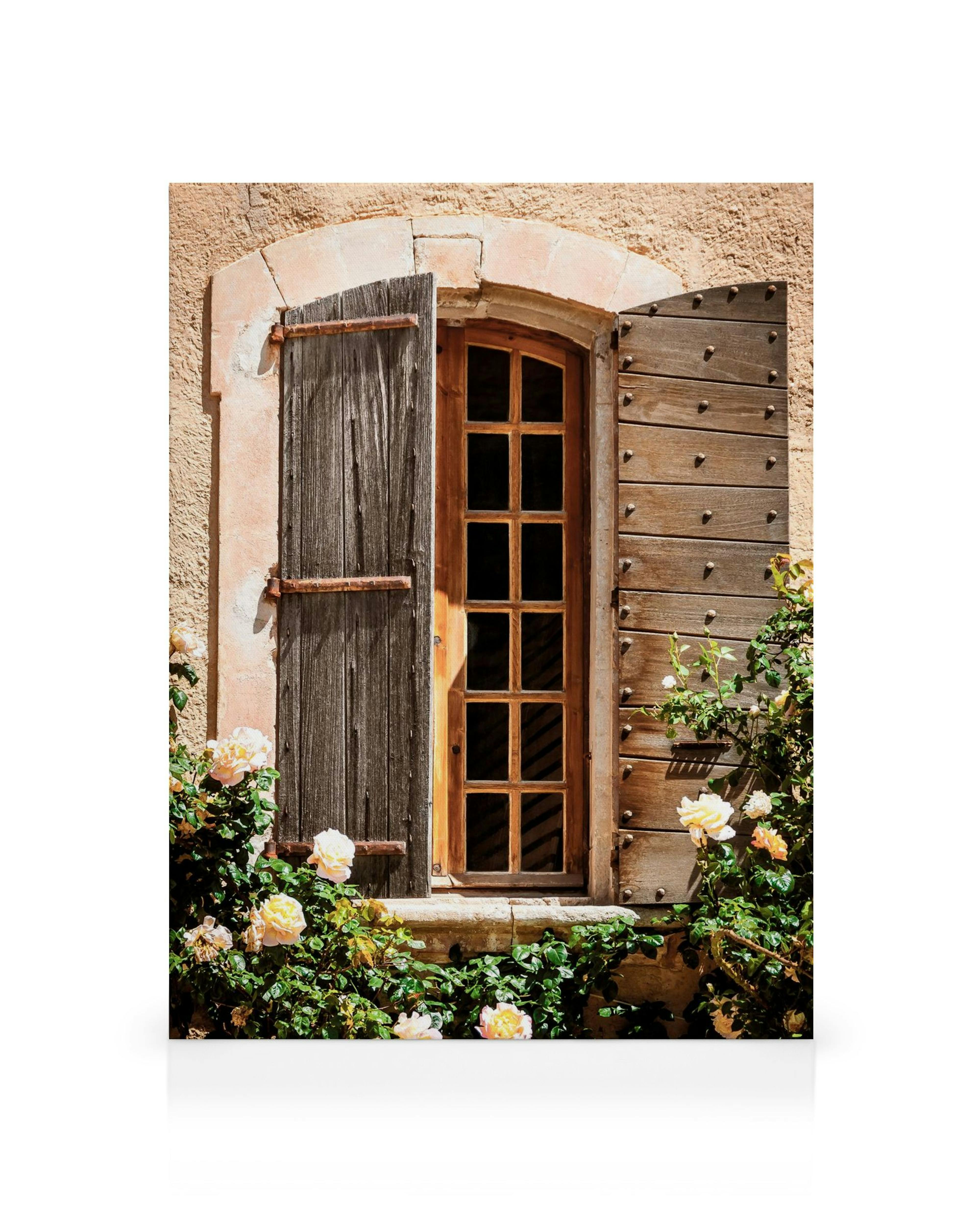 Lærred med billede af et rustikt trævindue med åbne skodder, omgivet af lyse roser og grønne blade.